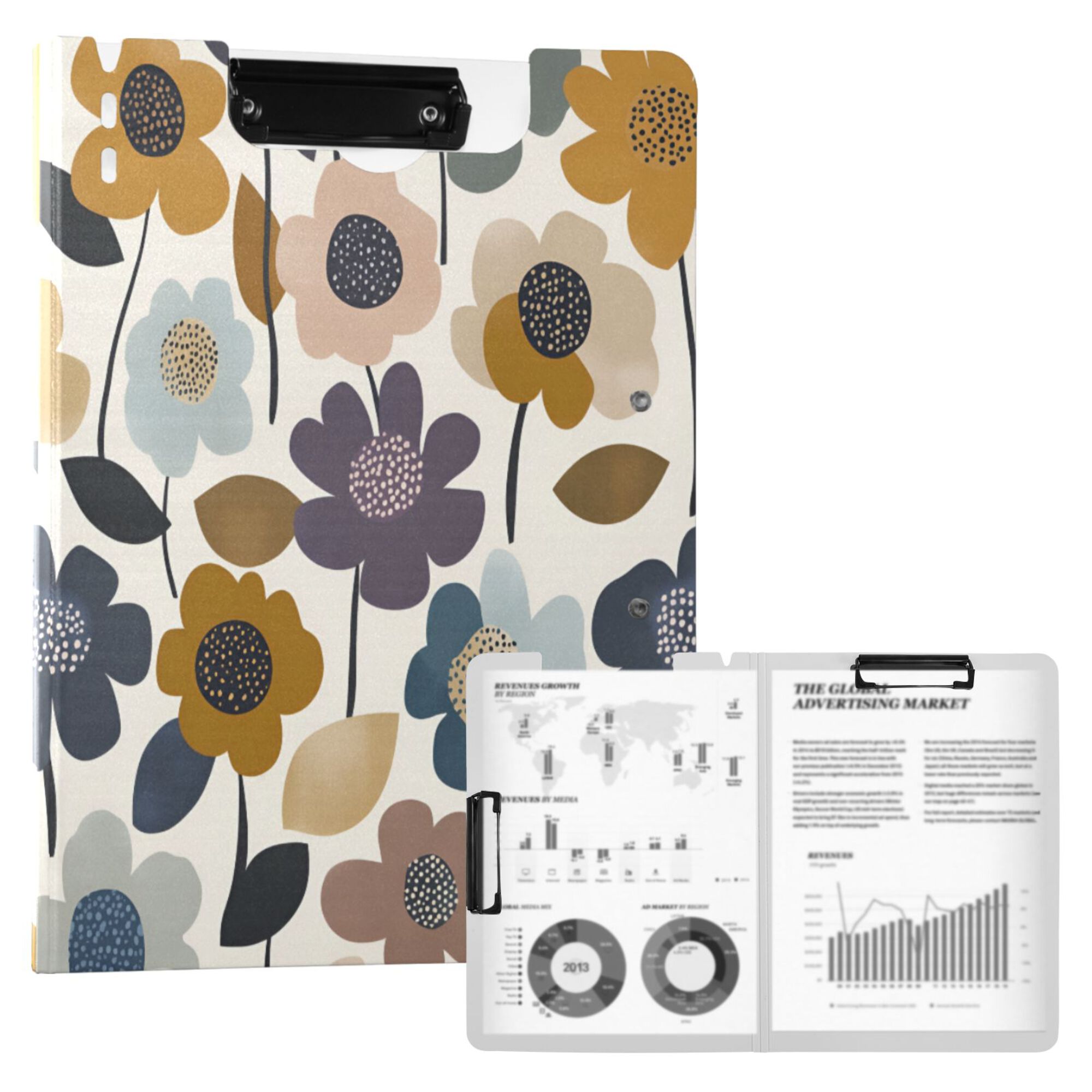 FORMRS A4 Clipboard Folder with Pen Holder Horizontal Foldable School Office Binder, Colorful Floral