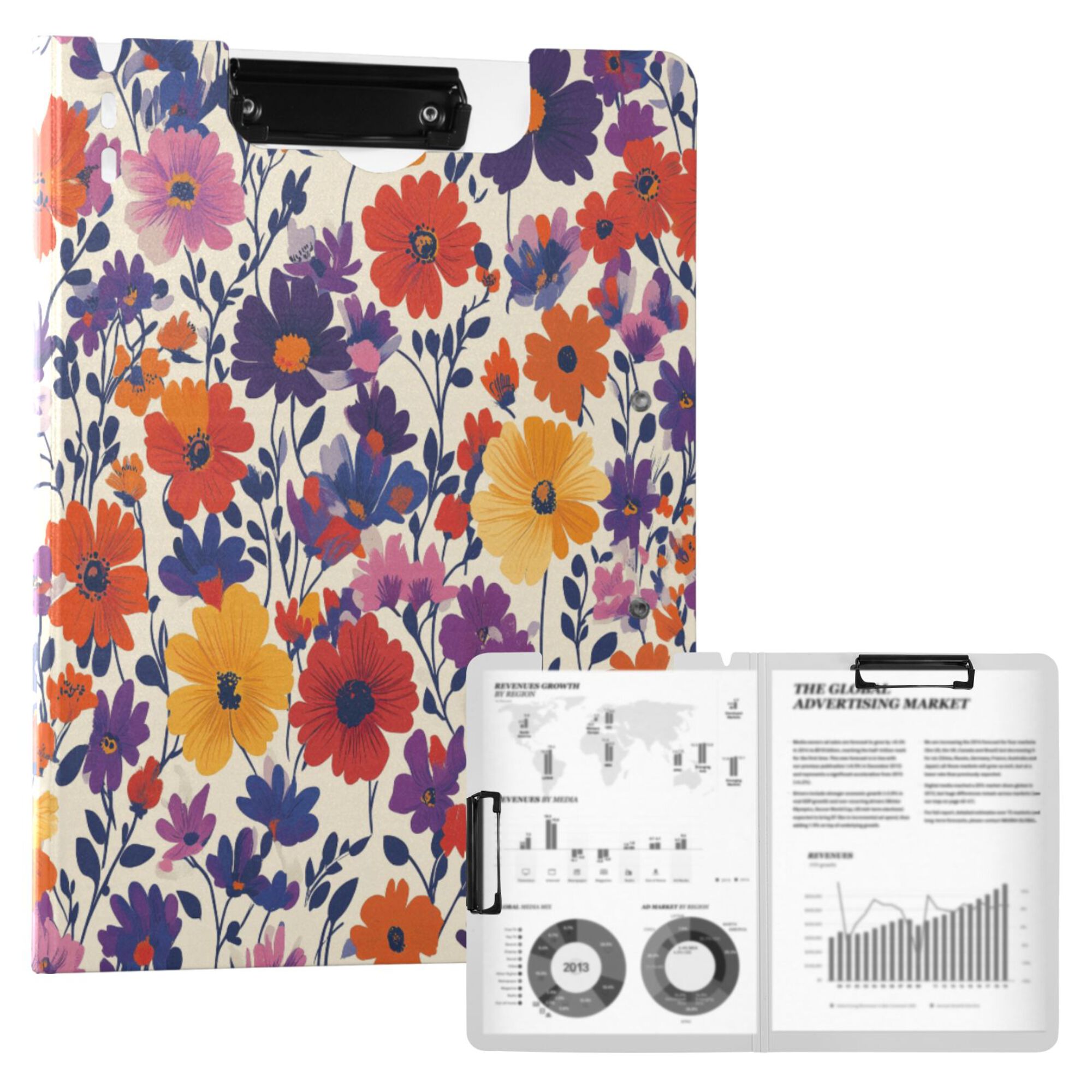 FORMRS A4 Clipboard Folder with Pen Holder Horizontal Foldable School Office Binder, Colorful Flowers Pattern