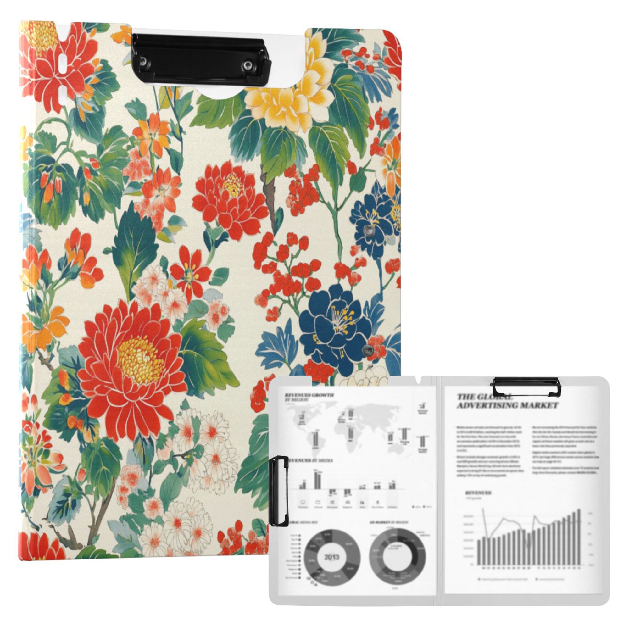 FORMRS A4 Clipboard Folder with Pen Holder Horizontal Foldable School Office Binder, Colorful Flowers Pattern