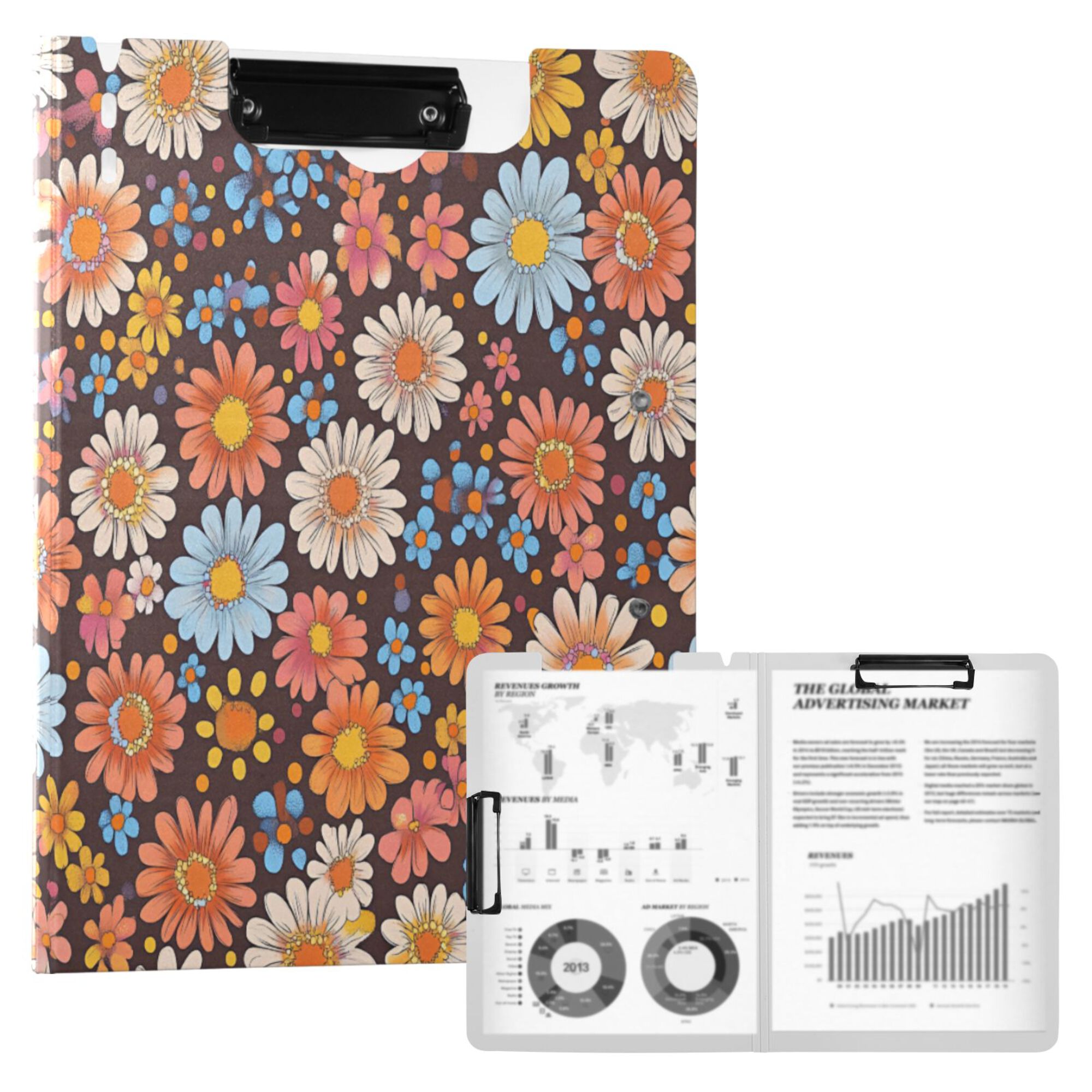 FORMRS A4 Clipboard Folder with Pen Holder Horizontal Foldable School Office Binder, Colorful Flowers