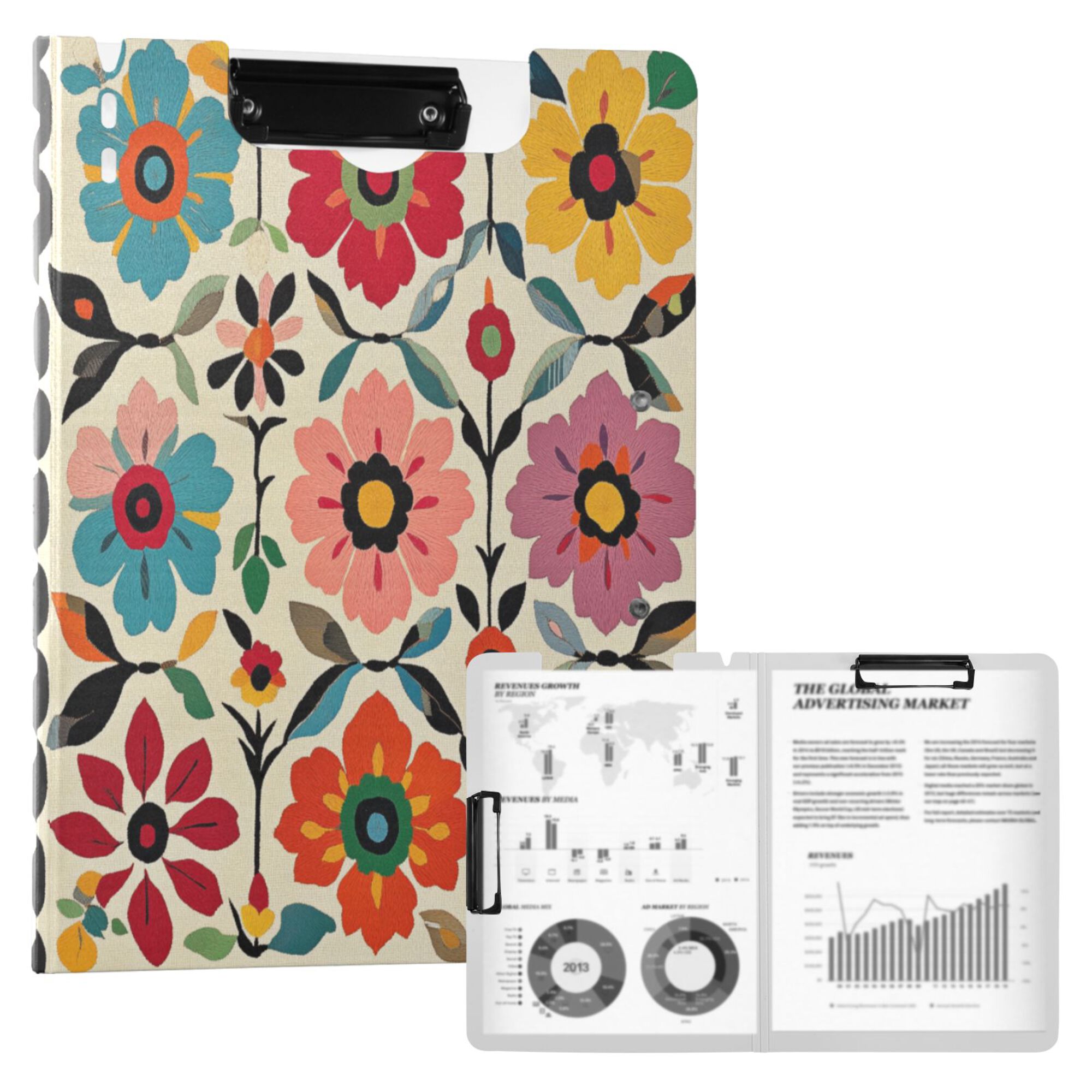 FORMRS A4 Clipboard Folder with Pen Holder Horizontal Foldable School Office Binder, Colorful Flowers