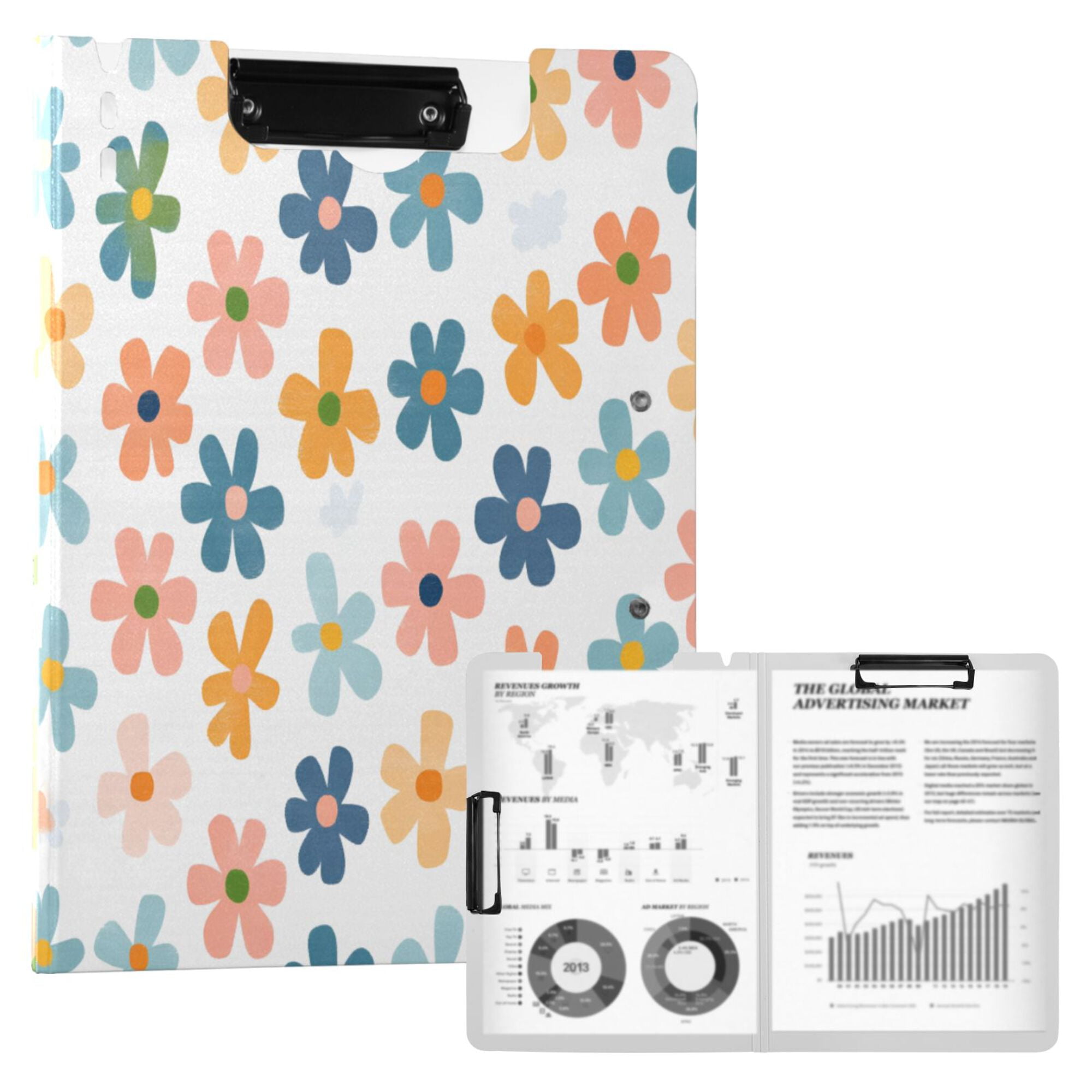 FORMRS A4 Clipboard Folder with Pen Holder Horizontal Foldable School Office Binder, Colorful Flowers