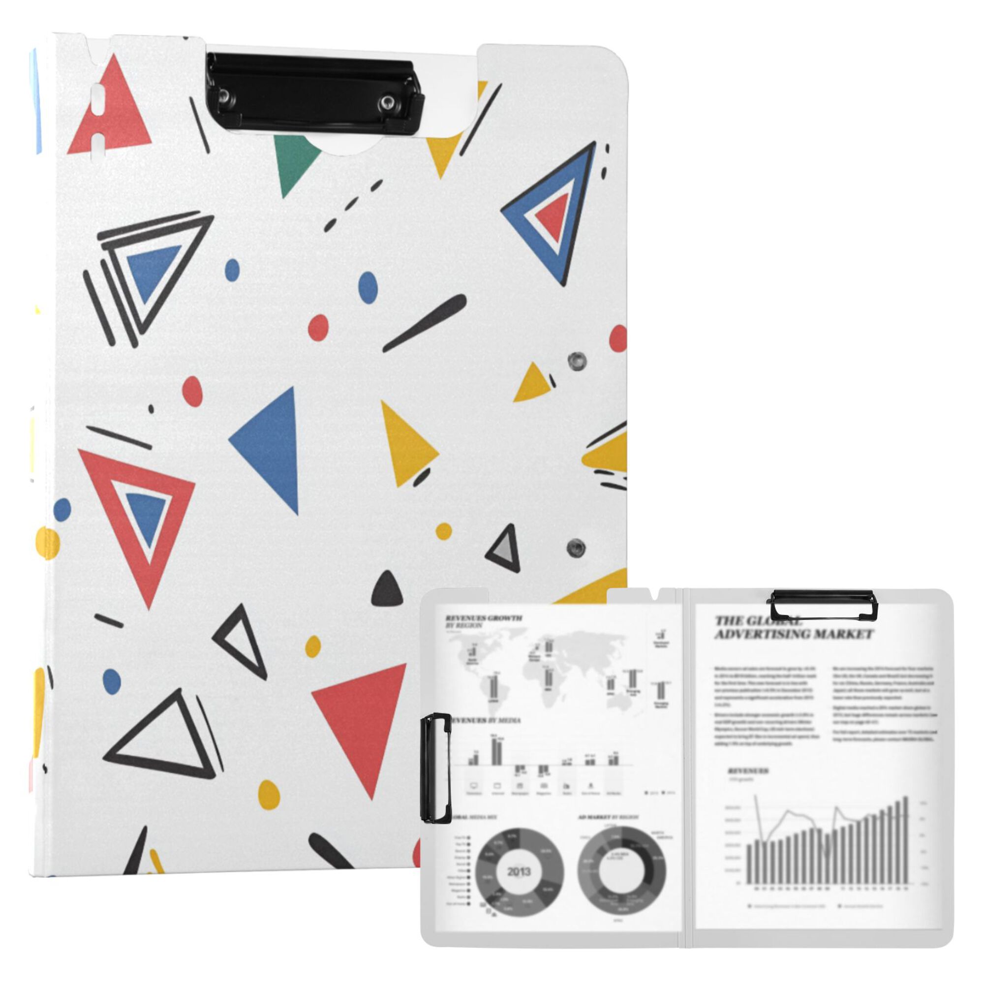 FORMRS A4 Clipboard Folder with Pen Holder Horizontal Foldable School Office Binder, Colorful Geometric