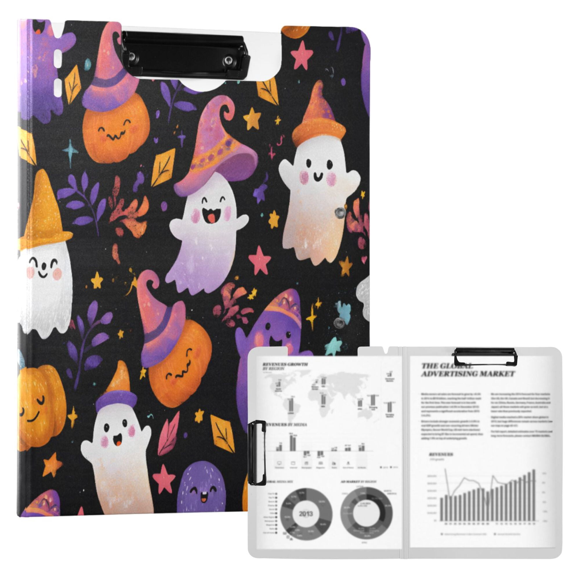 FORMRS A4 Clipboard Folder with Pen Holder Horizontal Foldable School Office Binder, Colorful Ghost Pattern
