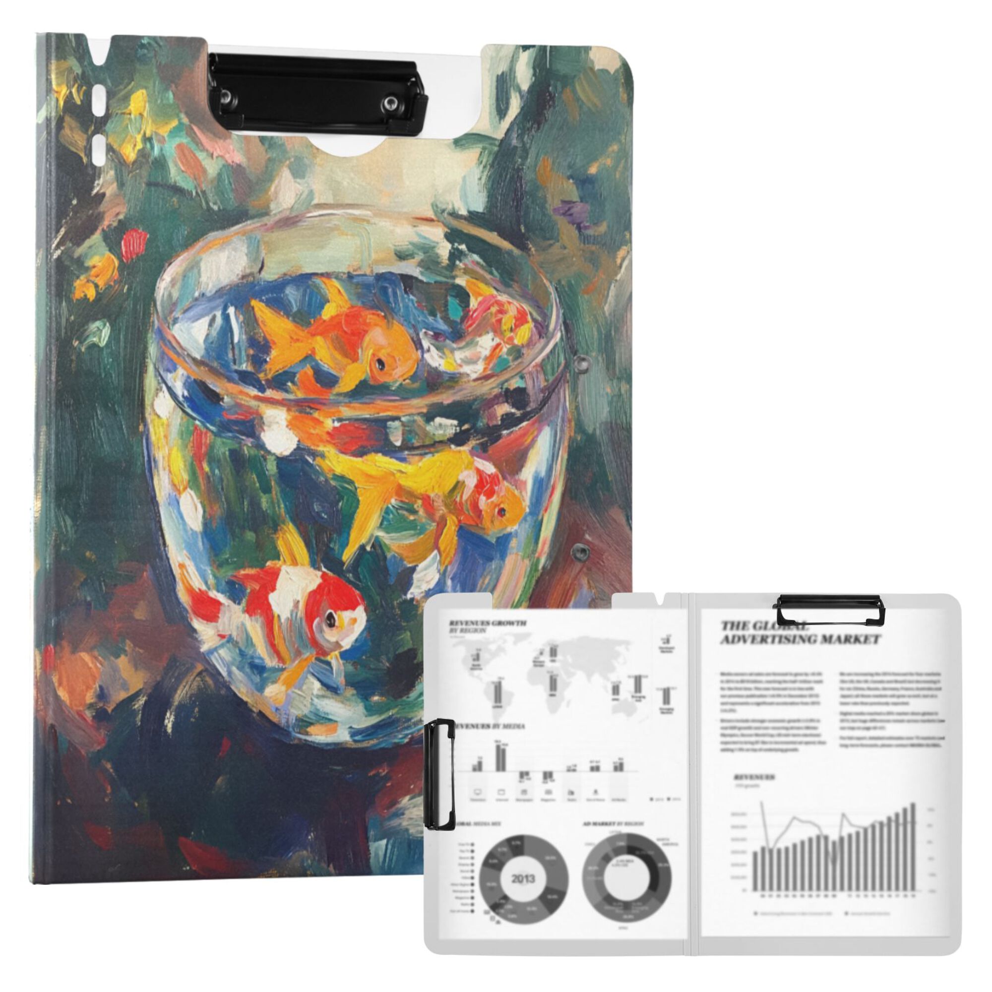 FORMRS A4 Clipboard Folder with Pen Holder Horizontal Foldable School Office Binder, Colorful Goldfish