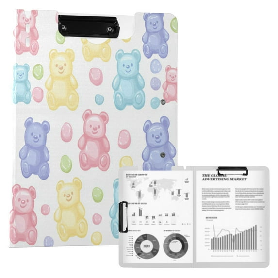 FORMRS A4 Clipboard Folder with Pen Holder Horizontal Foldable School Office Binder, Colorful Gummy Bears Pattern