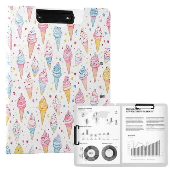 FORMRS A4 Clipboard Folder with Pen Holder Horizontal Foldable School Office Binder, Colorful Ice Cream Pattern