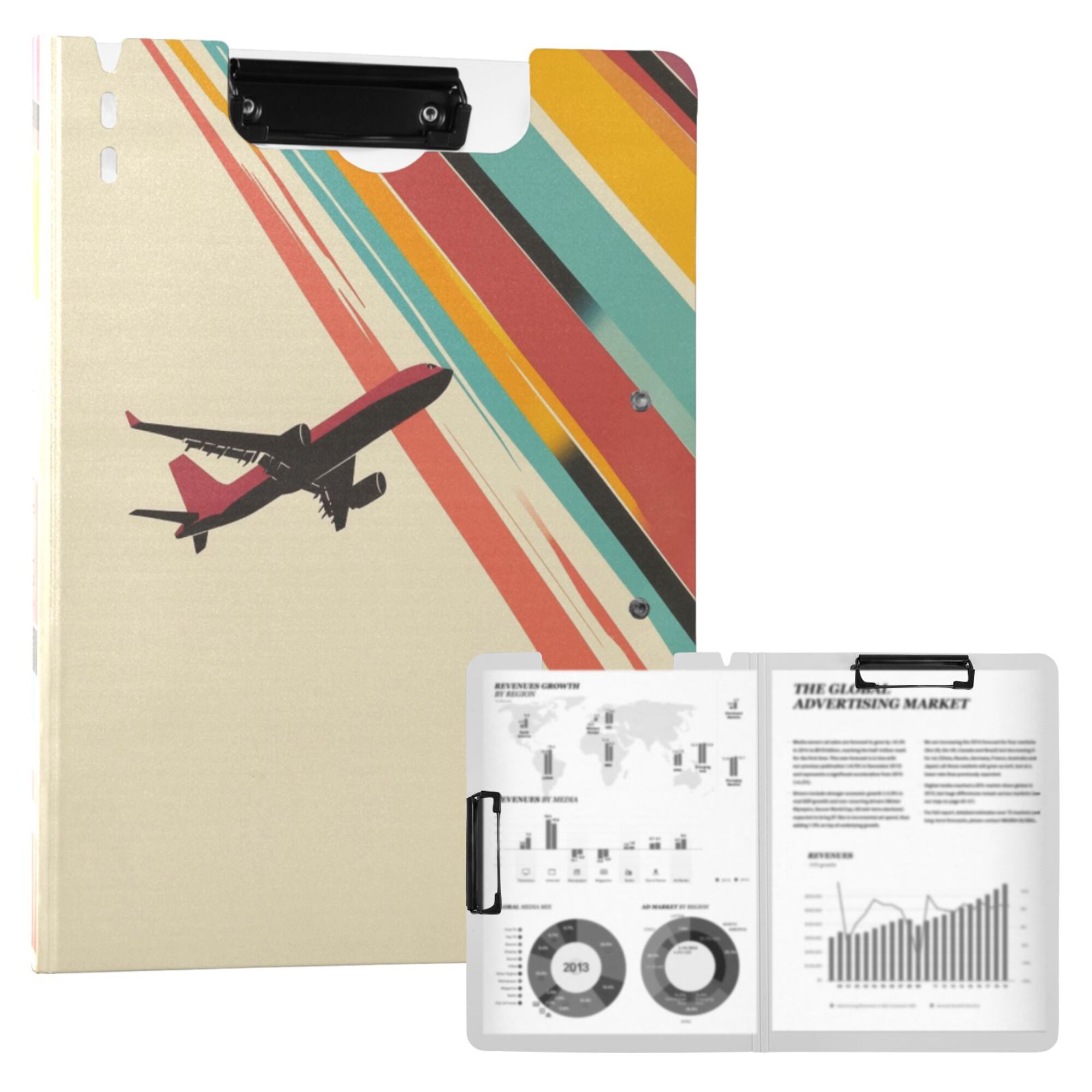 FORMRS A4 Clipboard Folder with Pen Holder Horizontal Foldable School Office Binder, Colorful Plane Stripes