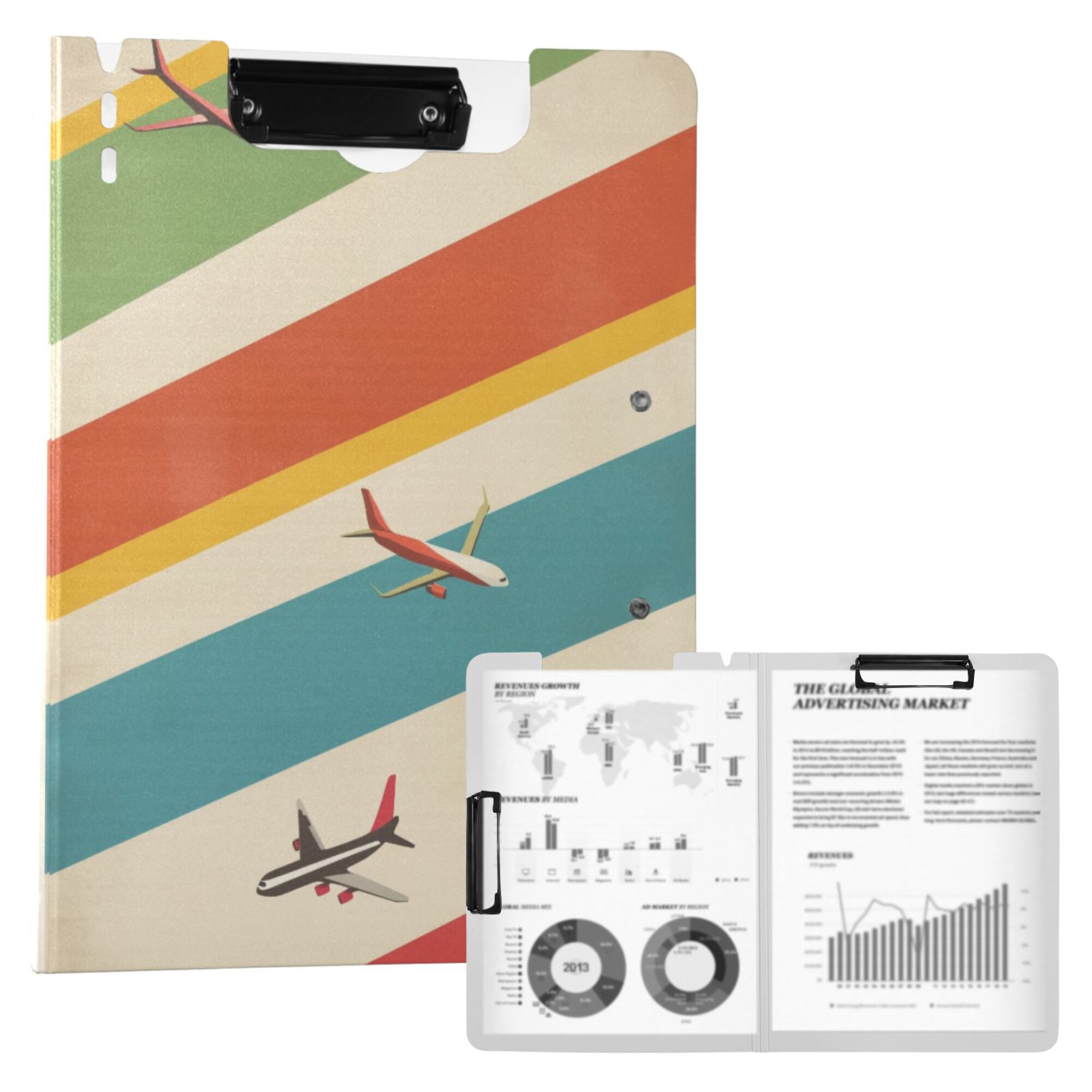 FORMRS A4 Clipboard Folder with Pen Holder Horizontal Foldable School Office Binder, Colorful Plane