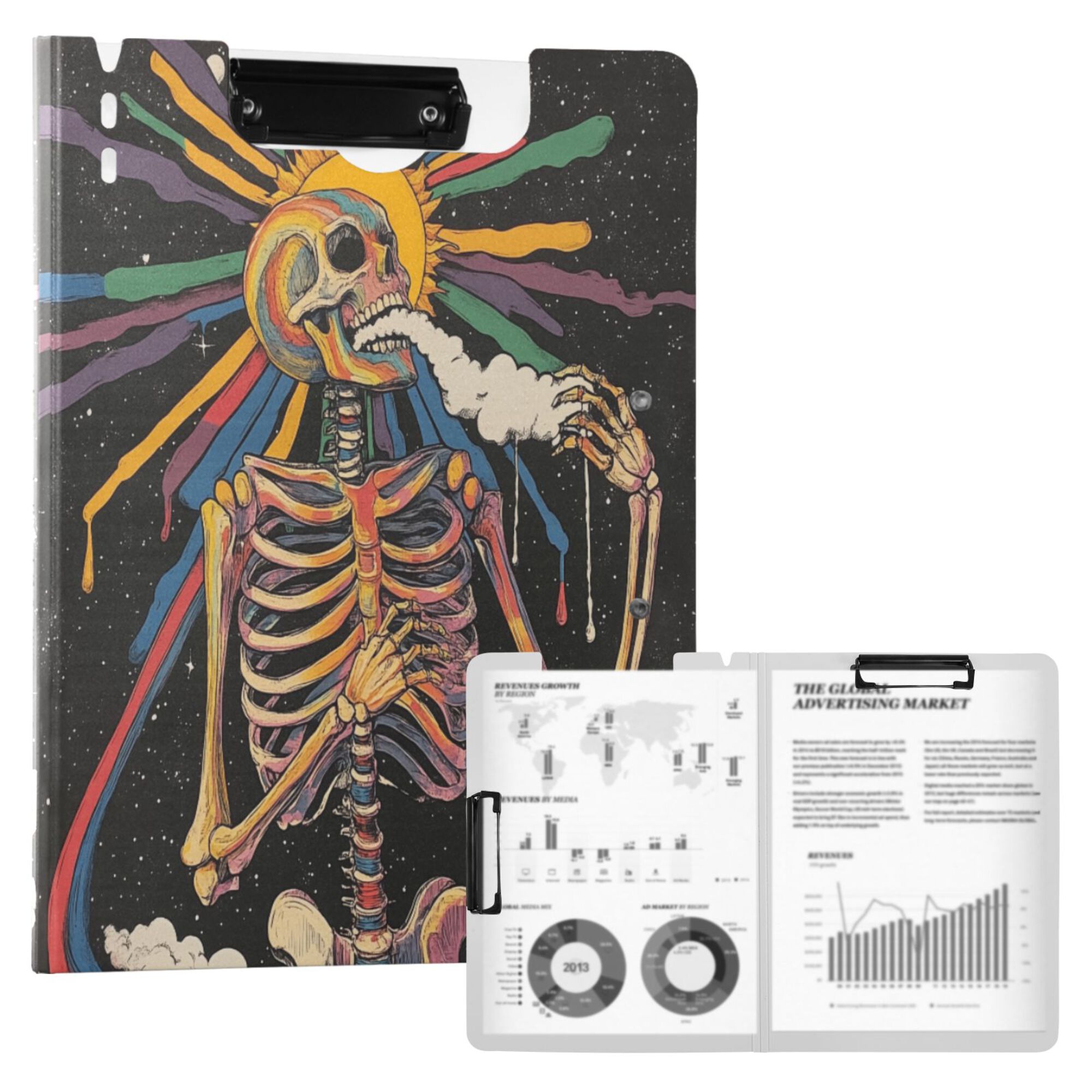 FORMRS A4 Clipboard Folder with Pen Holder Horizontal Foldable School Office Binder, Colorful Skeleton Sun