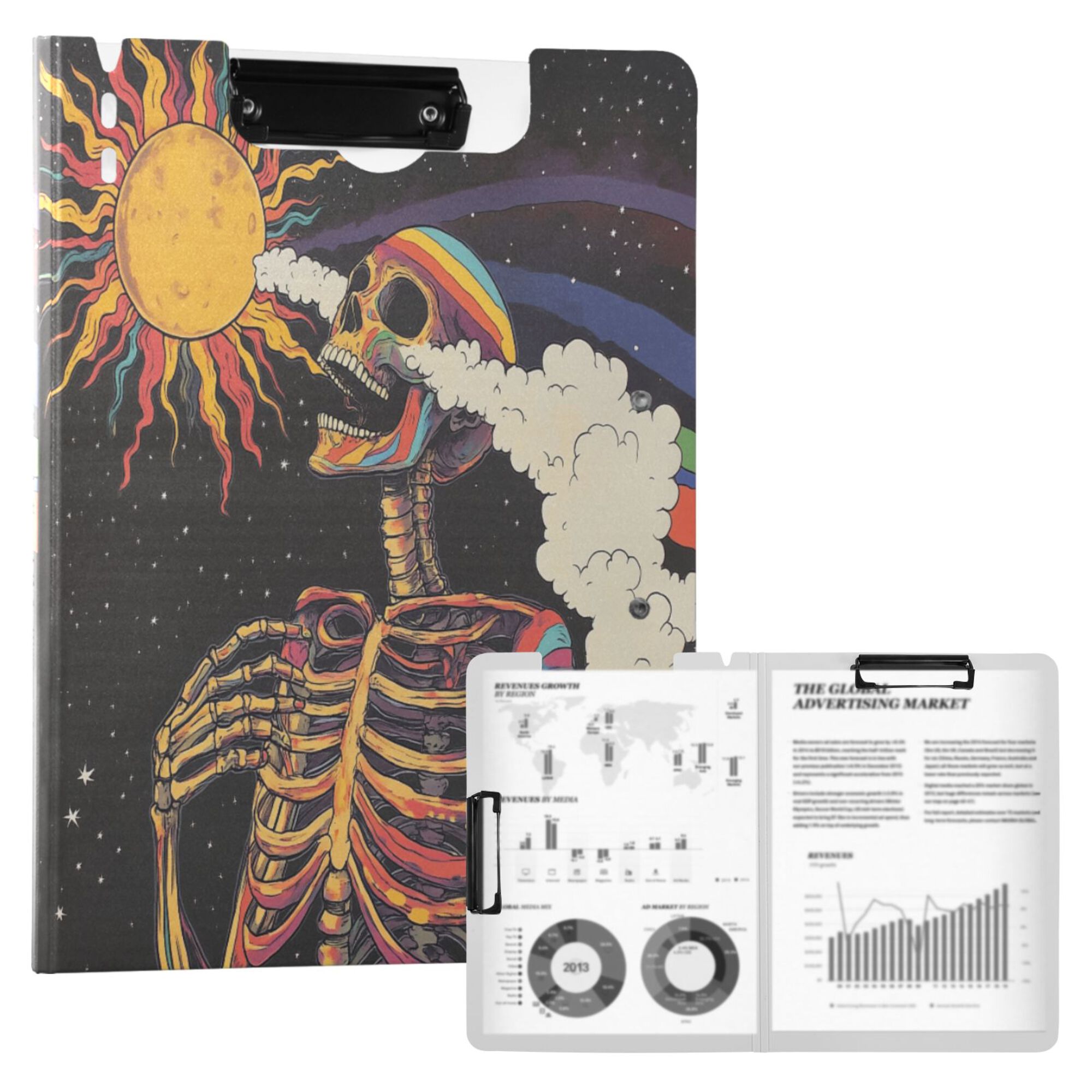 FORMRS A4 Clipboard Folder with Pen Holder Horizontal Foldable School Office Binder, Colorful Skeleton with Cloud