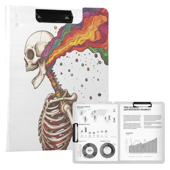 FORMRS A4 Clipboard Folder with Pen Holder Horizontal Foldable School Office Binder, Colorful Skeleton