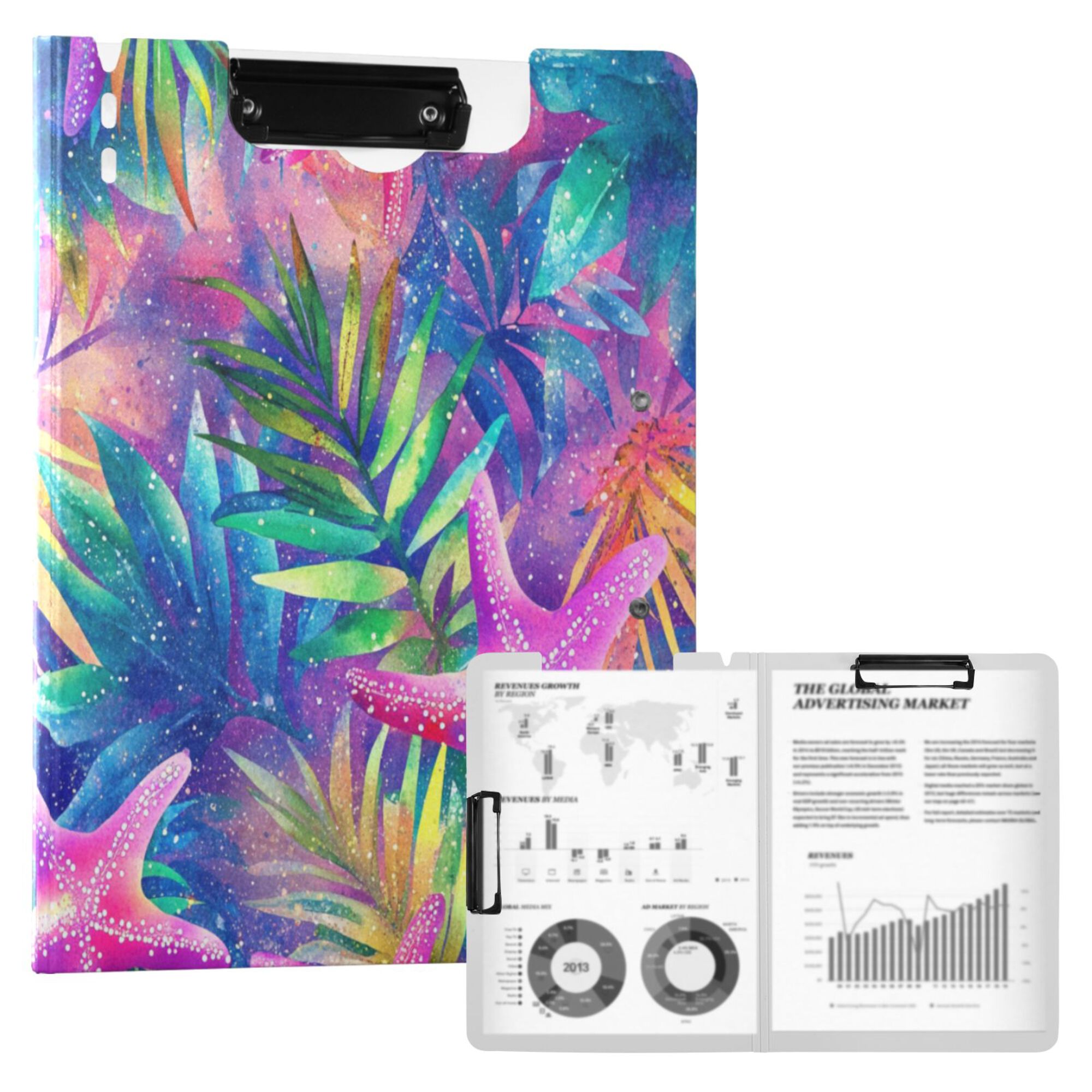 FORMRS A4 Clipboard Folder with Pen Holder Horizontal Foldable School Office Binder, Colorful Starfish