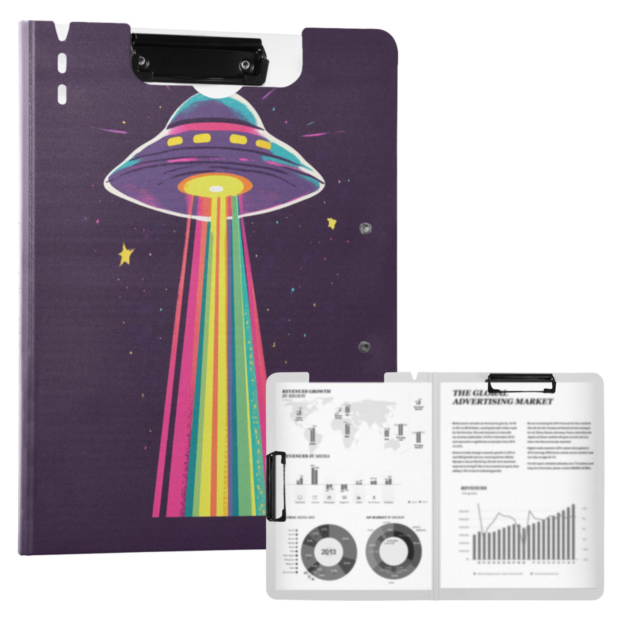 FORMRS A4 Clipboard Folder with Pen Holder Horizontal Foldable School Office Binder, Colorful UFO