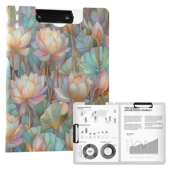 FORMRS A4 Clipboard Folder with Pen Holder Horizontal Foldable School Office Binder, Colorful Water Lilies Pattern