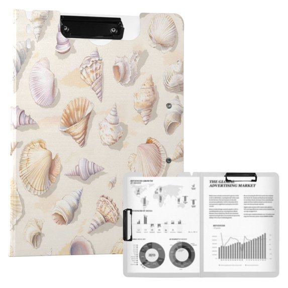 FORMRS A4 Clipboard Folder with Pen Holder Horizontal Foldable School Office Binder, Colorful Watercolor Seashells