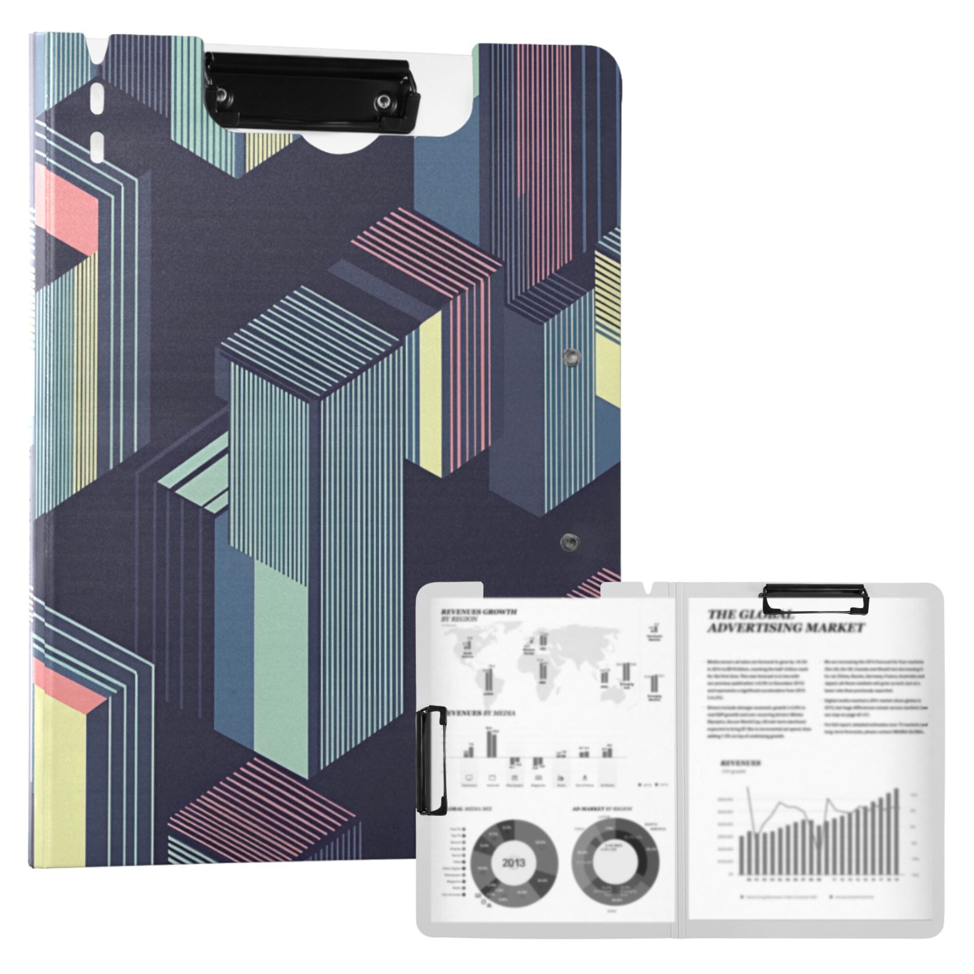 FORMRS A4 Clipboard Folder with Pen Holder Horizontal Foldable School Office Binder, Cube Stripes