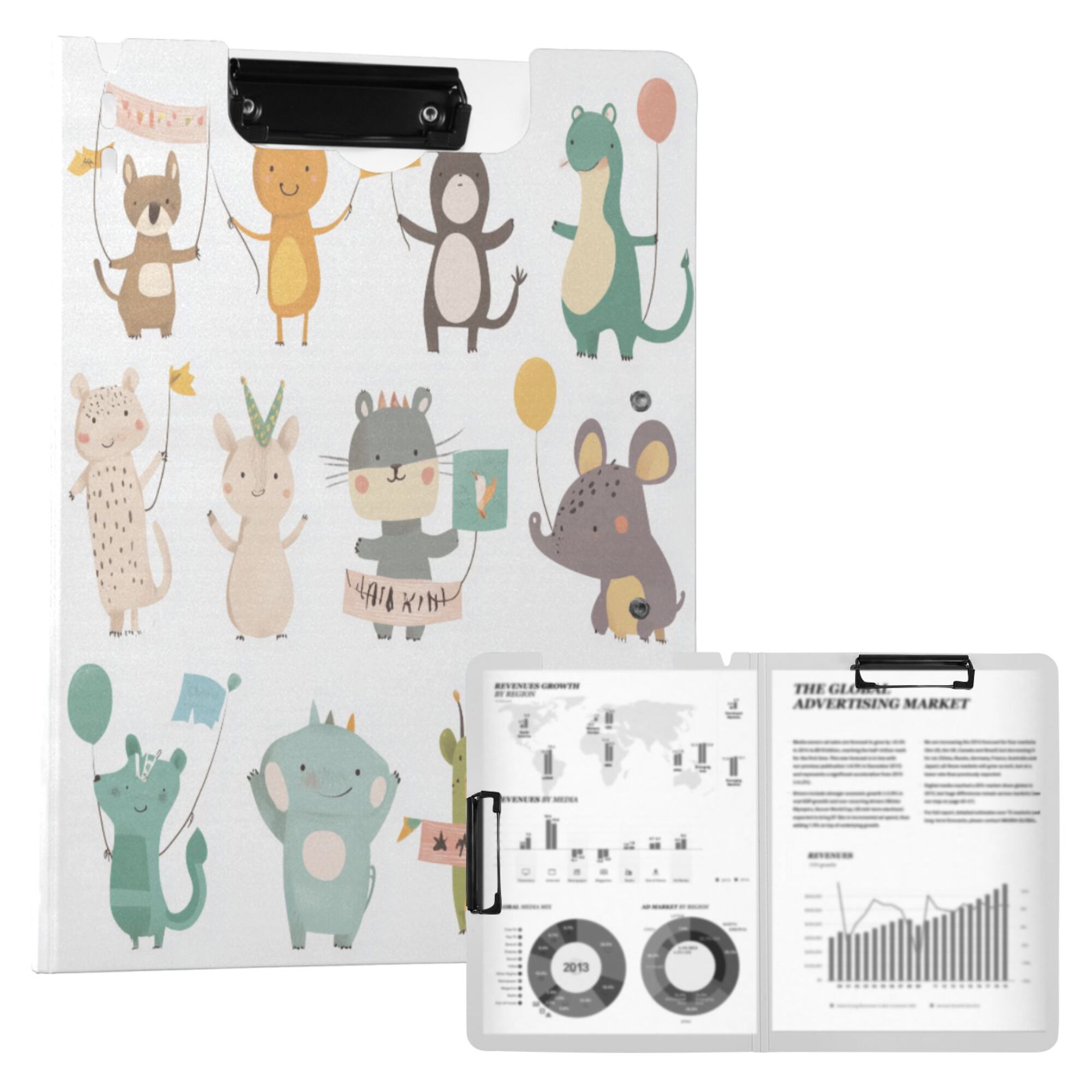 FORMRS A4 Clipboard Folder with Pen Holder Horizontal Foldable School Office Binder, Cute Animal