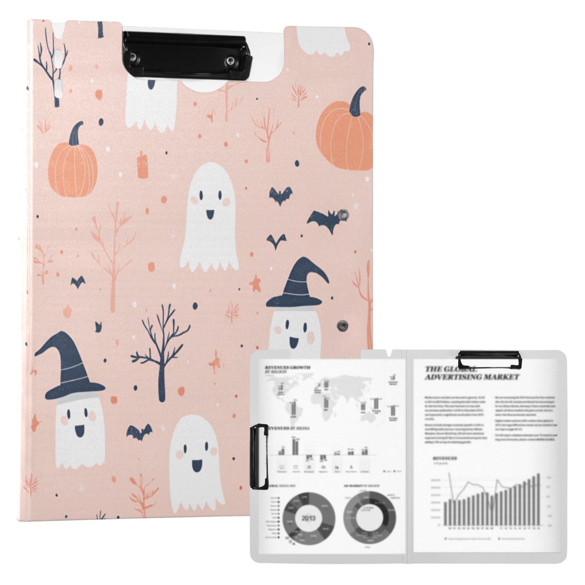 FORMRS A4 Clipboard Folder with Pen Holder Horizontal Foldable School Office Binder, Cute Cartoon Halloween