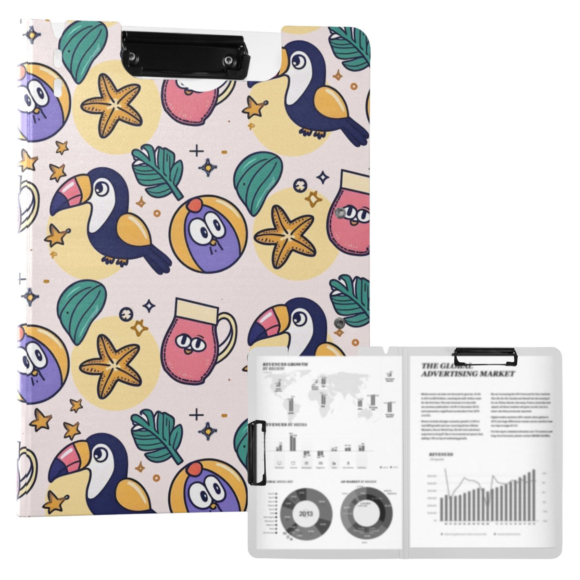 FORMRS A4 Clipboard Folder with Pen Holder Horizontal Foldable School Office Binder, Cute Cartoon Pattern