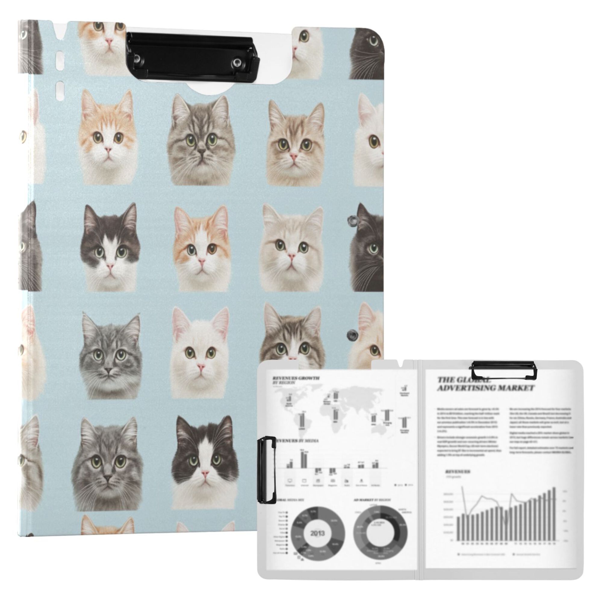 FORMRS A4 Clipboard Folder with Pen Holder Horizontal Foldable School Office Binder, Cute Cat Faces