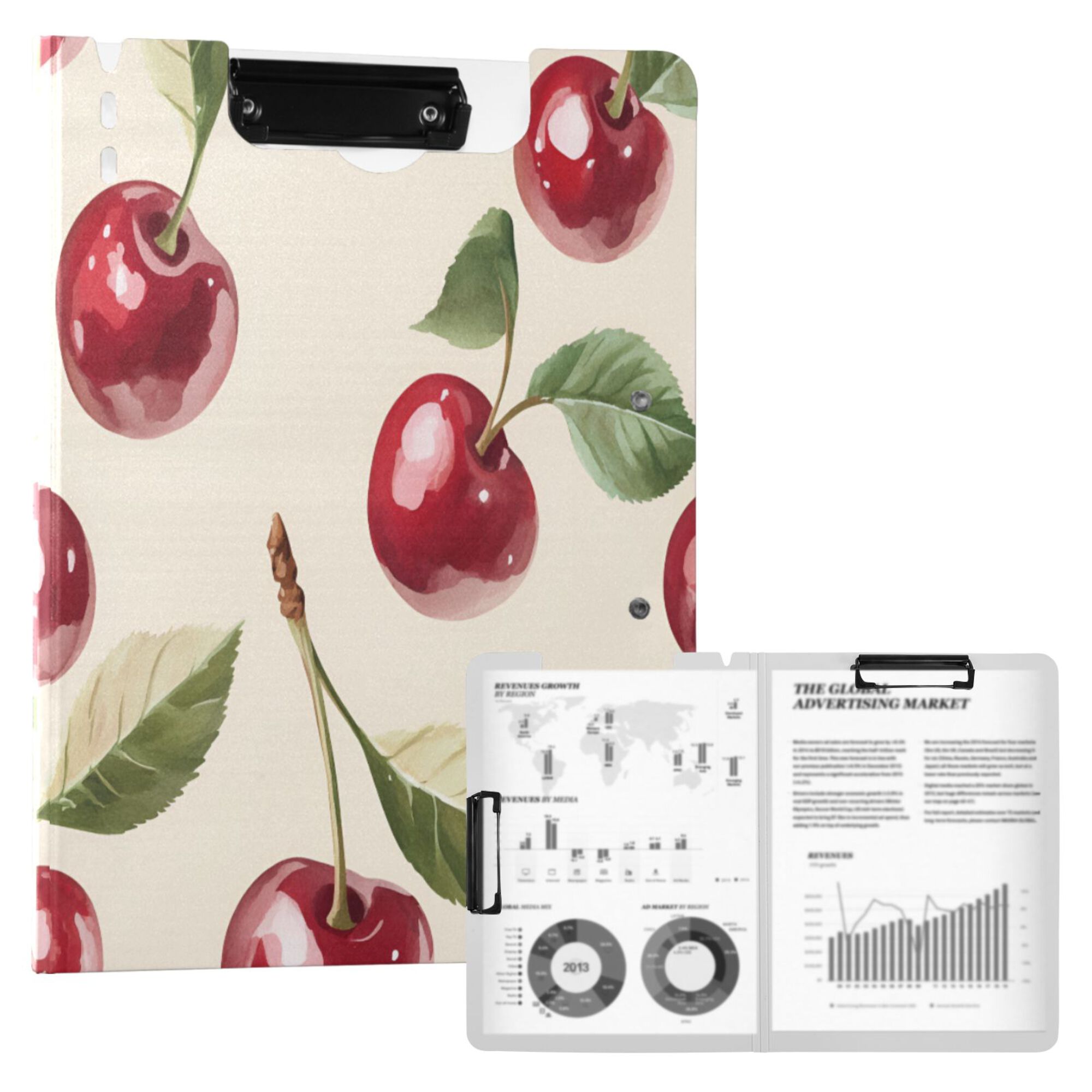 FORMRS A4 Clipboard Folder with Pen Holder Horizontal Foldable School Office Binder, Cute Cherry
