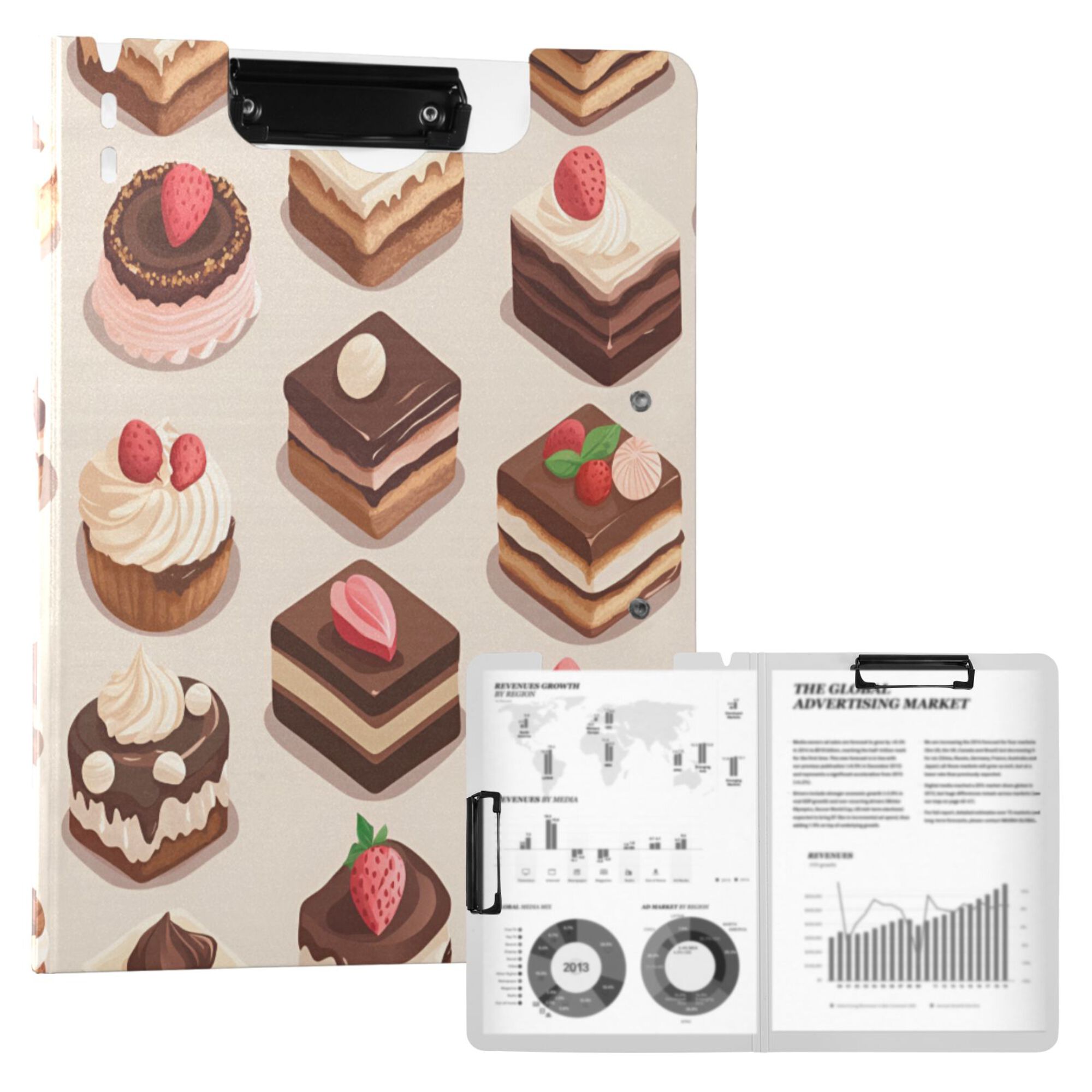 FORMRS A4 Clipboard Folder with Pen Holder Horizontal Foldable School Office Binder, Cute Chocolate Cakes