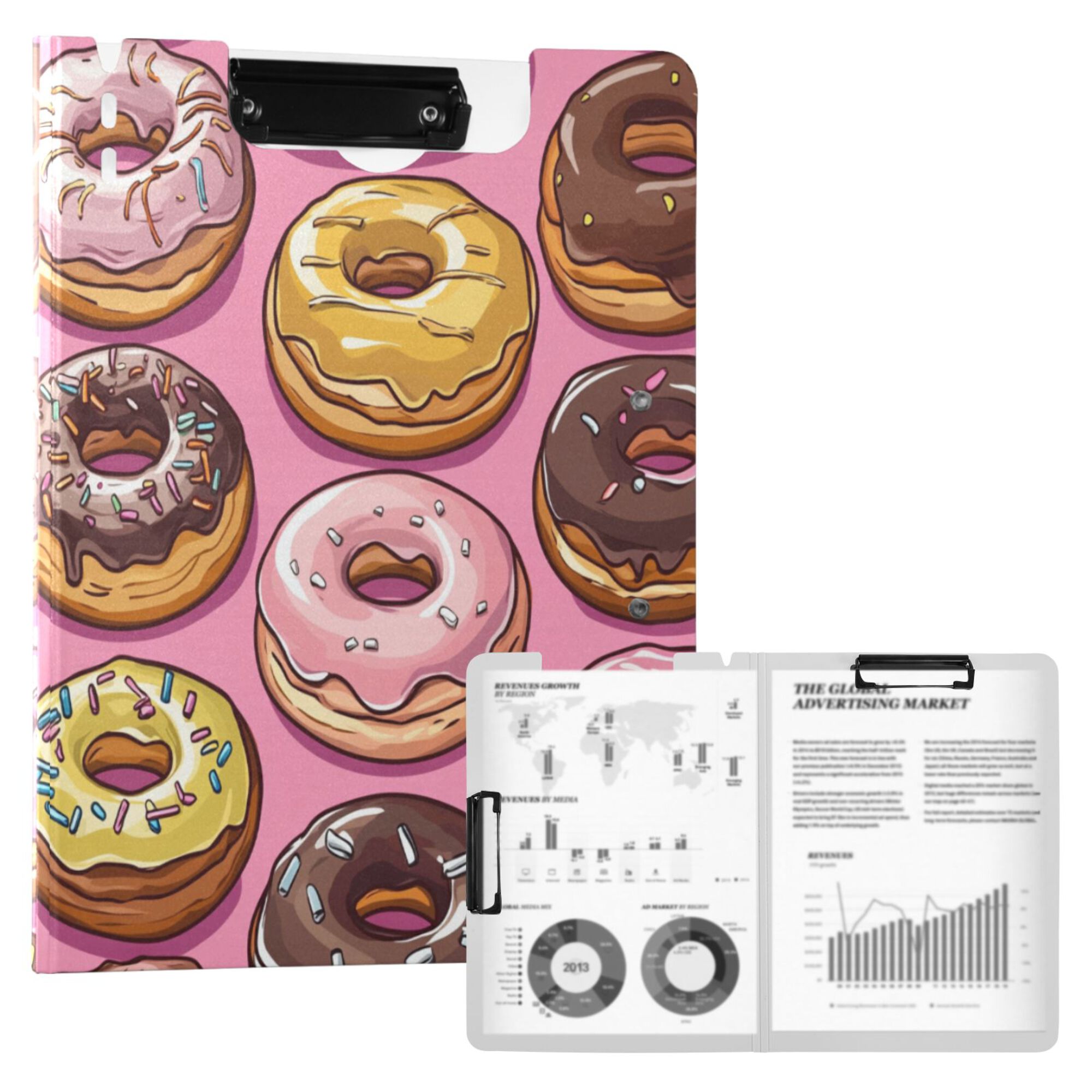 FORMRS A4 Clipboard Folder with Pen Holder Horizontal Foldable School Office Binder, Cute Doughnuts Pattern