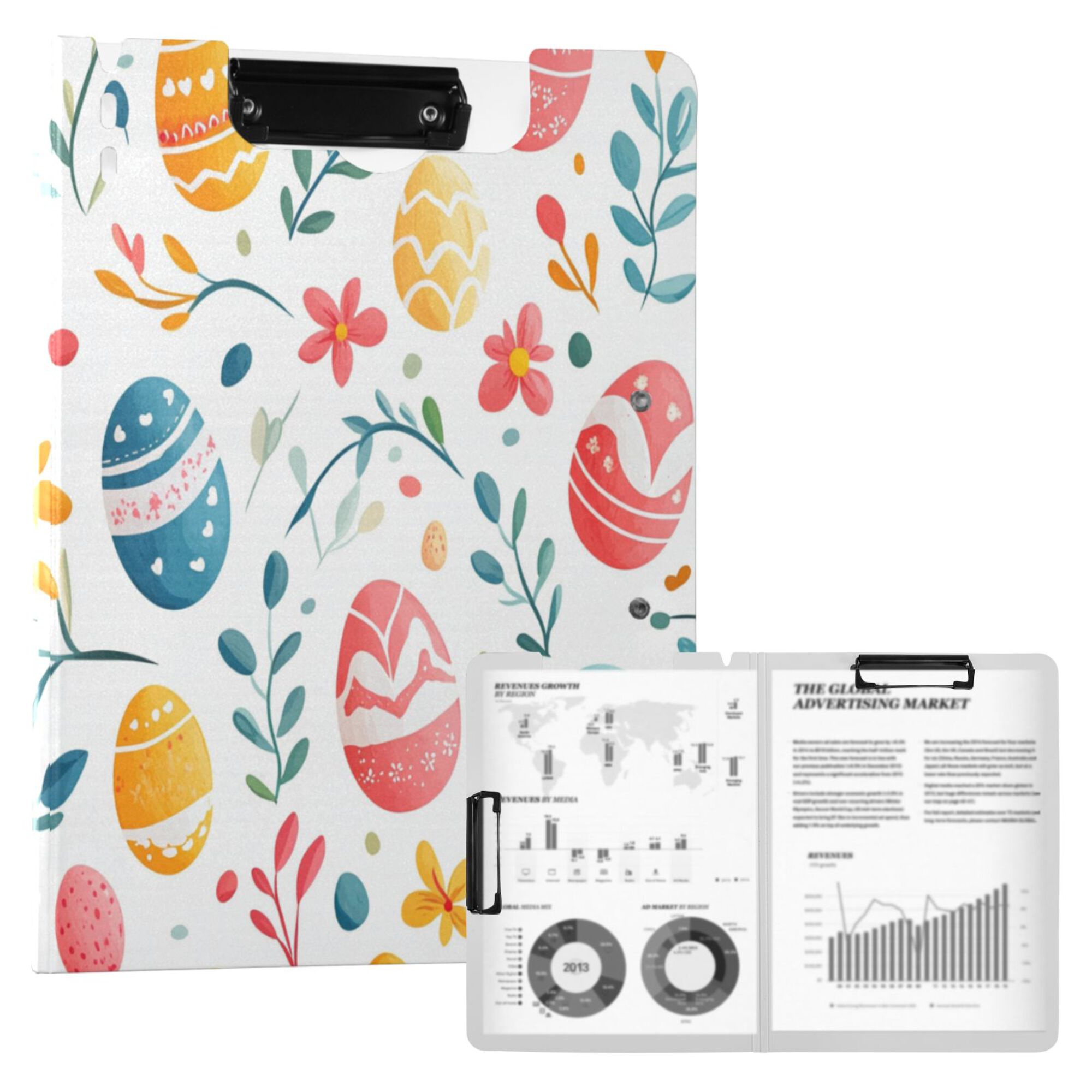 FORMRS A4 Clipboard Folder with Pen Holder Horizontal Foldable School Office Binder, Cute Easter Eggs