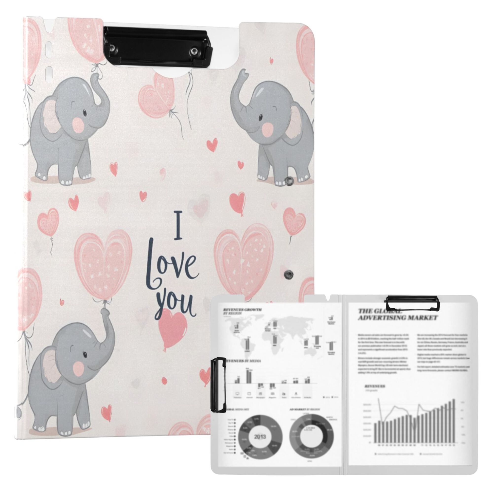 FORMRS A4 Clipboard Folder with Pen Holder Horizontal Foldable School Office Binder, Cute Elephant