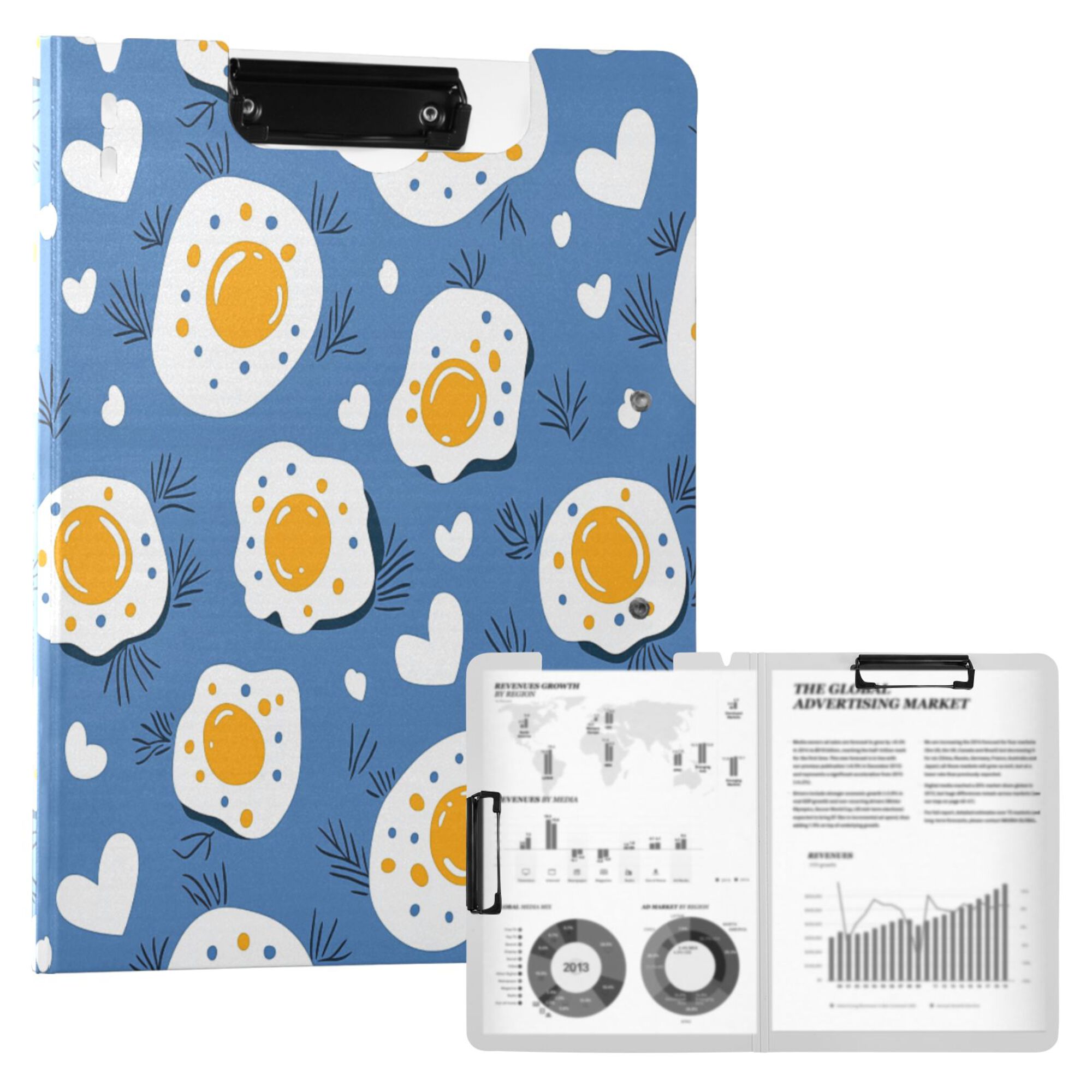FORMRS A4 Clipboard Folder with Pen Holder Horizontal Foldable School Office Binder, Cute Fried Eggs