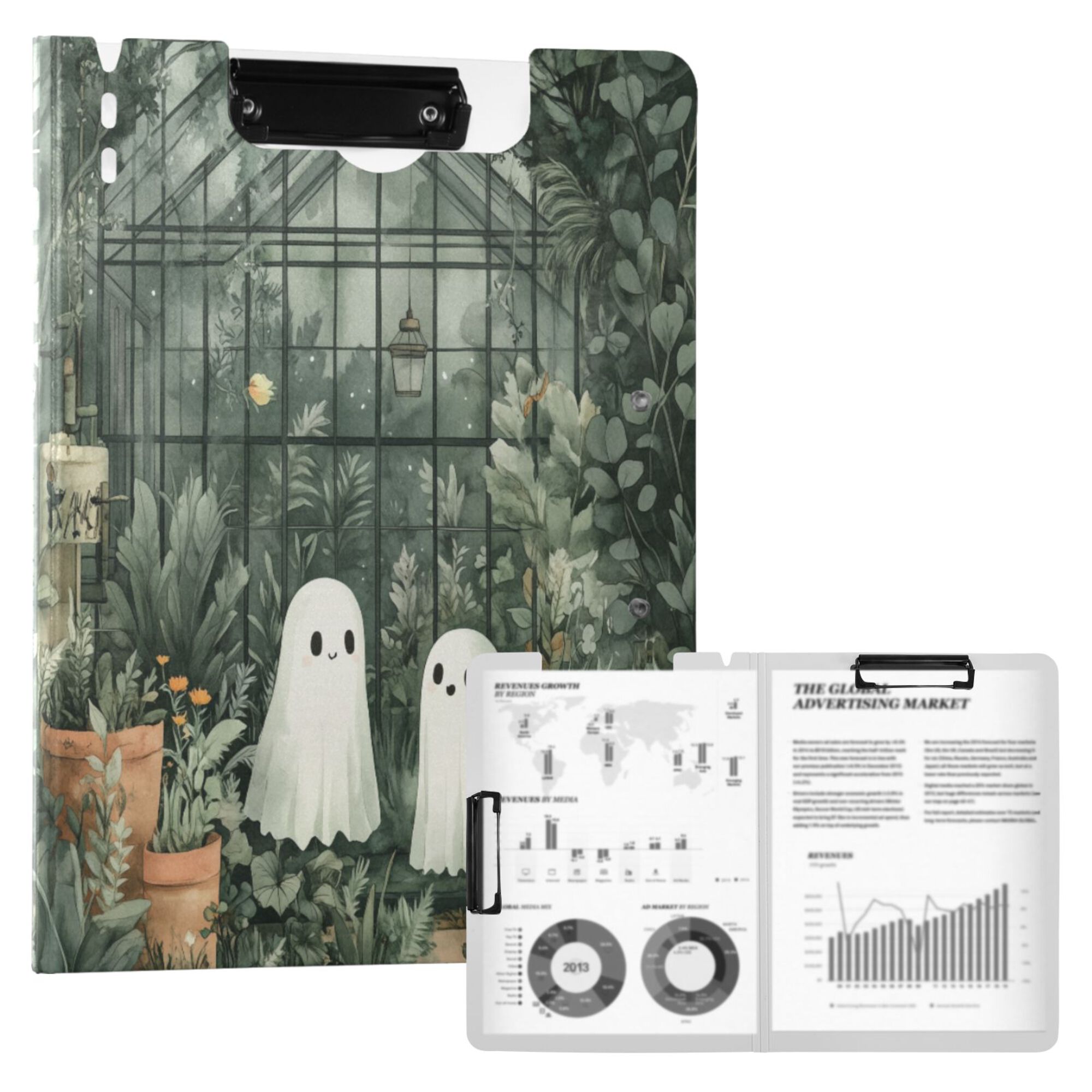 FORMRS A4 Clipboard Folder with Pen Holder Horizontal Foldable School Office Binder, Cute Ghosts Playing