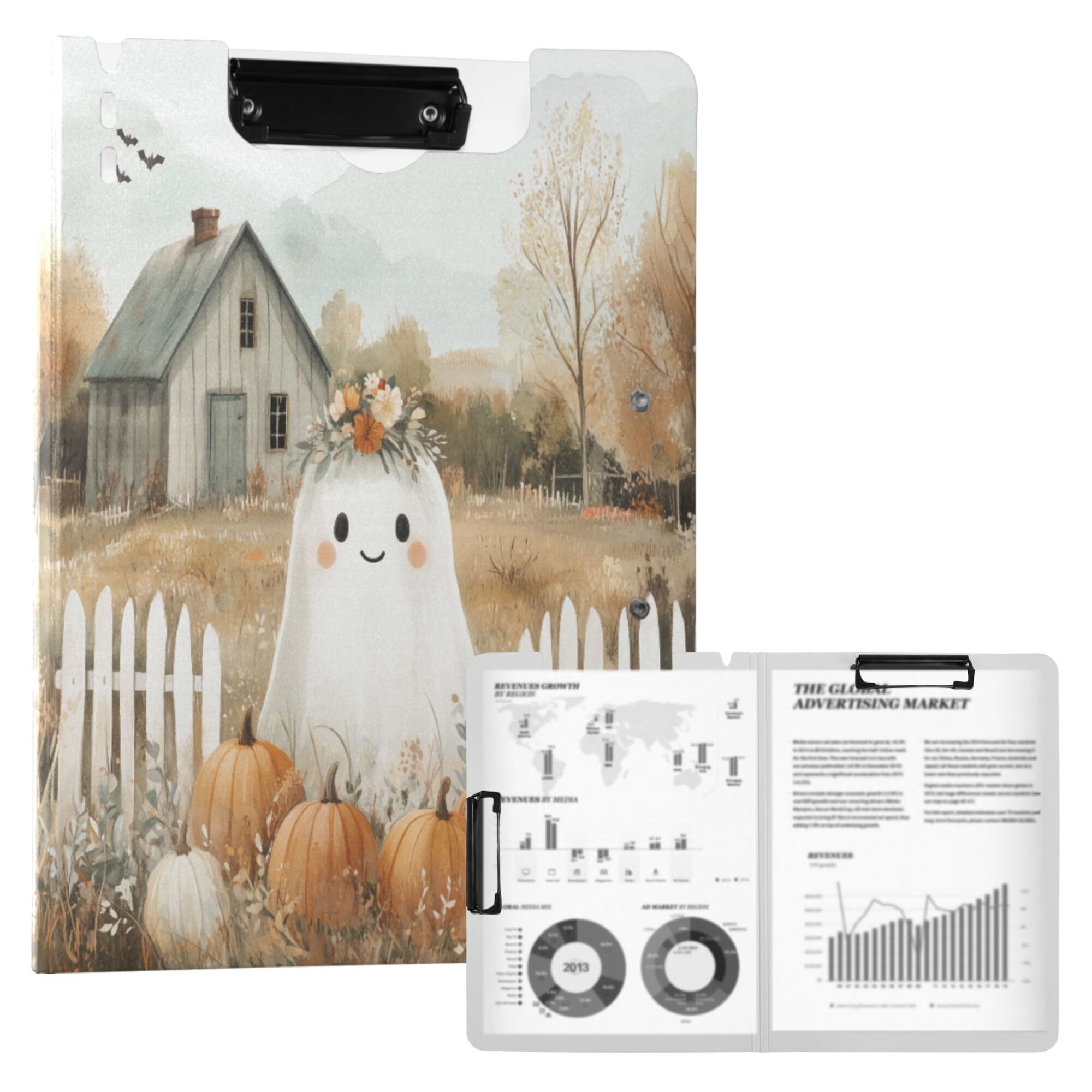 FORMRS A4 Clipboard Folder with Pen Holder Horizontal Foldable School Office Binder, Cute Halloween Pumpkins