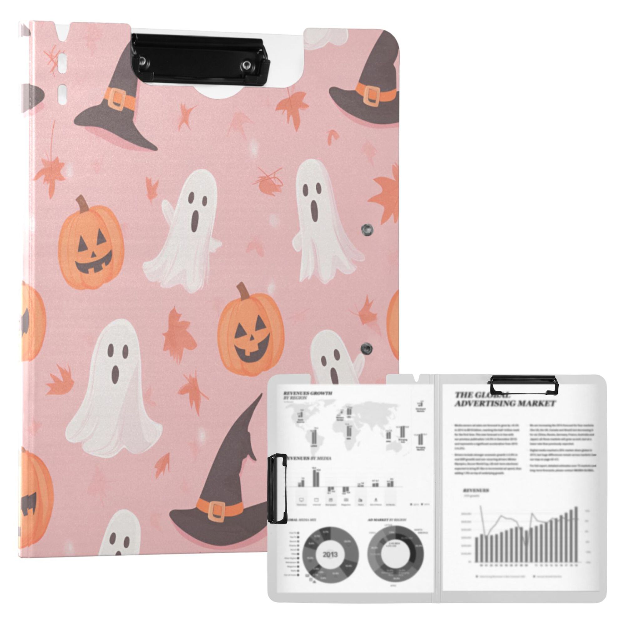 FORMRS A4 Clipboard Folder with Pen Holder Horizontal Foldable School Office Binder, Cute Pink Halloween
