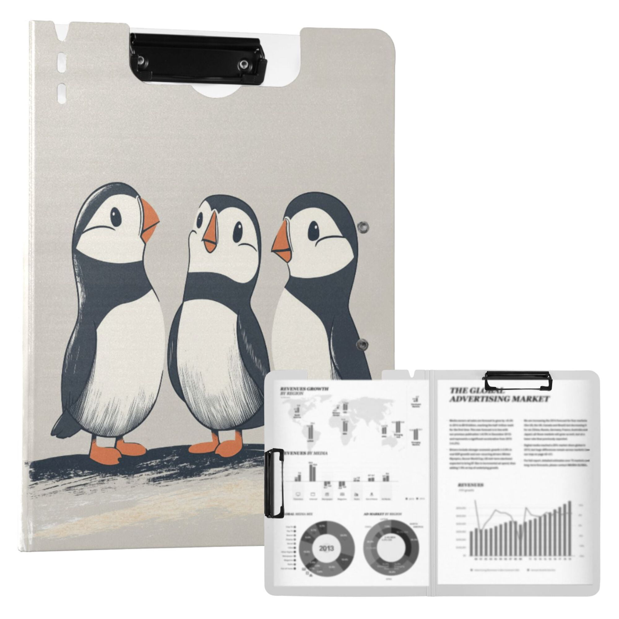 FORMRS A4 Clipboard Folder with Pen Holder Horizontal Foldable School Office Binder, Cute Puffin
