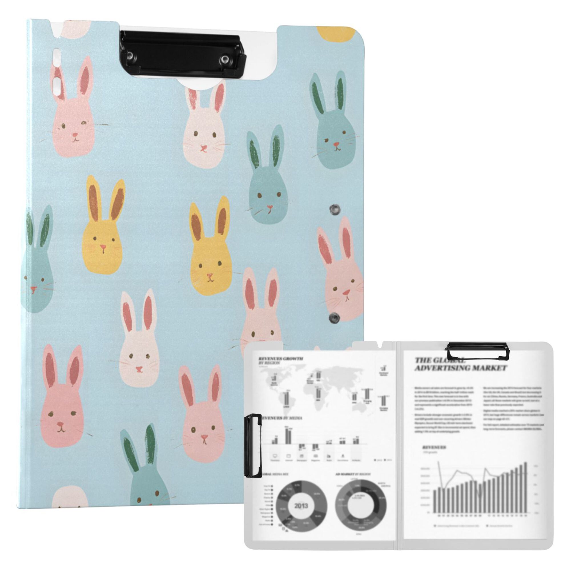 FORMRS A4 Clipboard Folder with Pen Holder Horizontal Foldable School Office Binder, Cute Rabbits