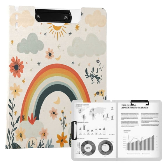 FORMRS A4 Clipboard Folder with Pen Holder Horizontal Foldable School Office Binder, Cute Rainbow