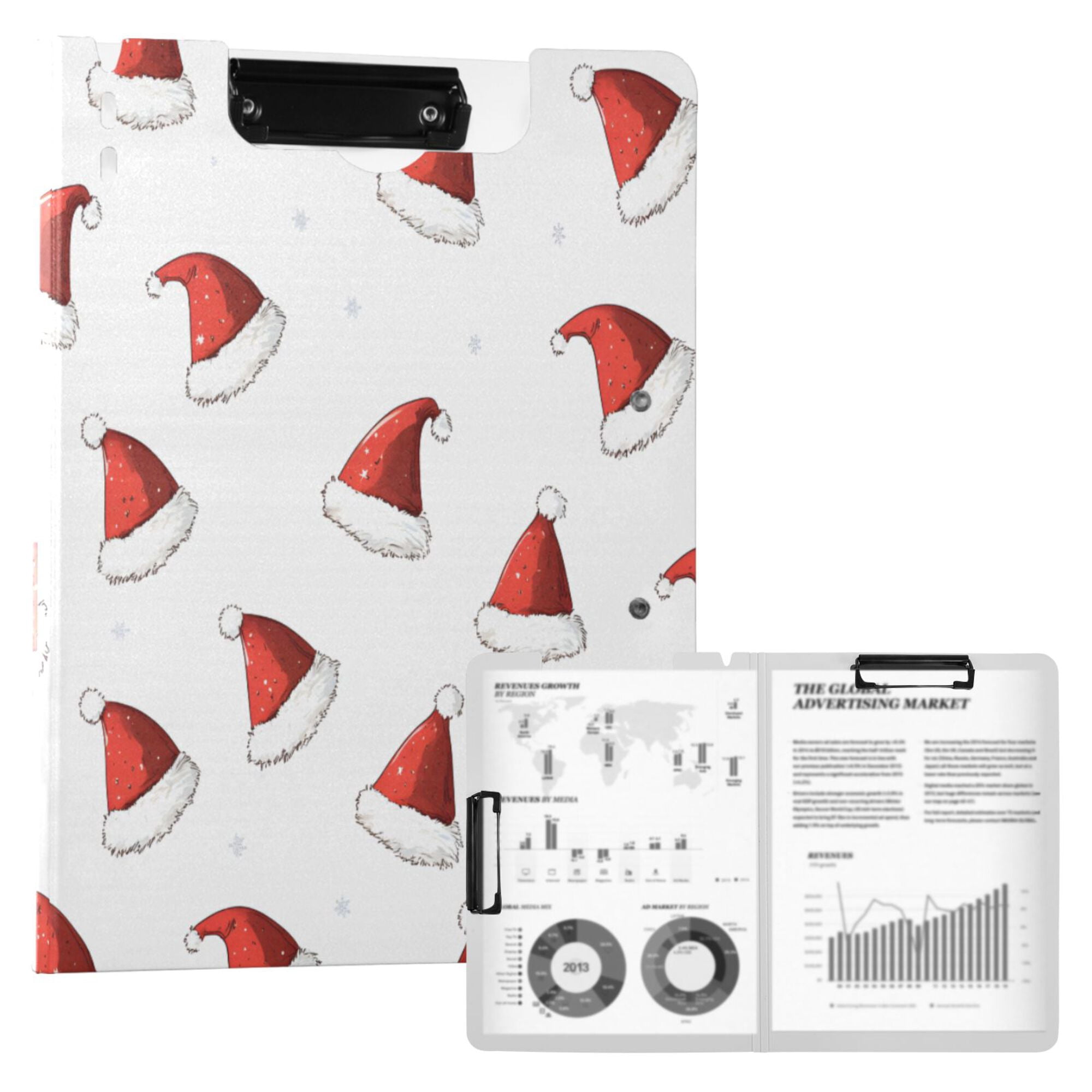 FORMRS A4 Clipboard Folder with Pen Holder Horizontal Foldable School Office Binder, Cute Santa Hats Pattern