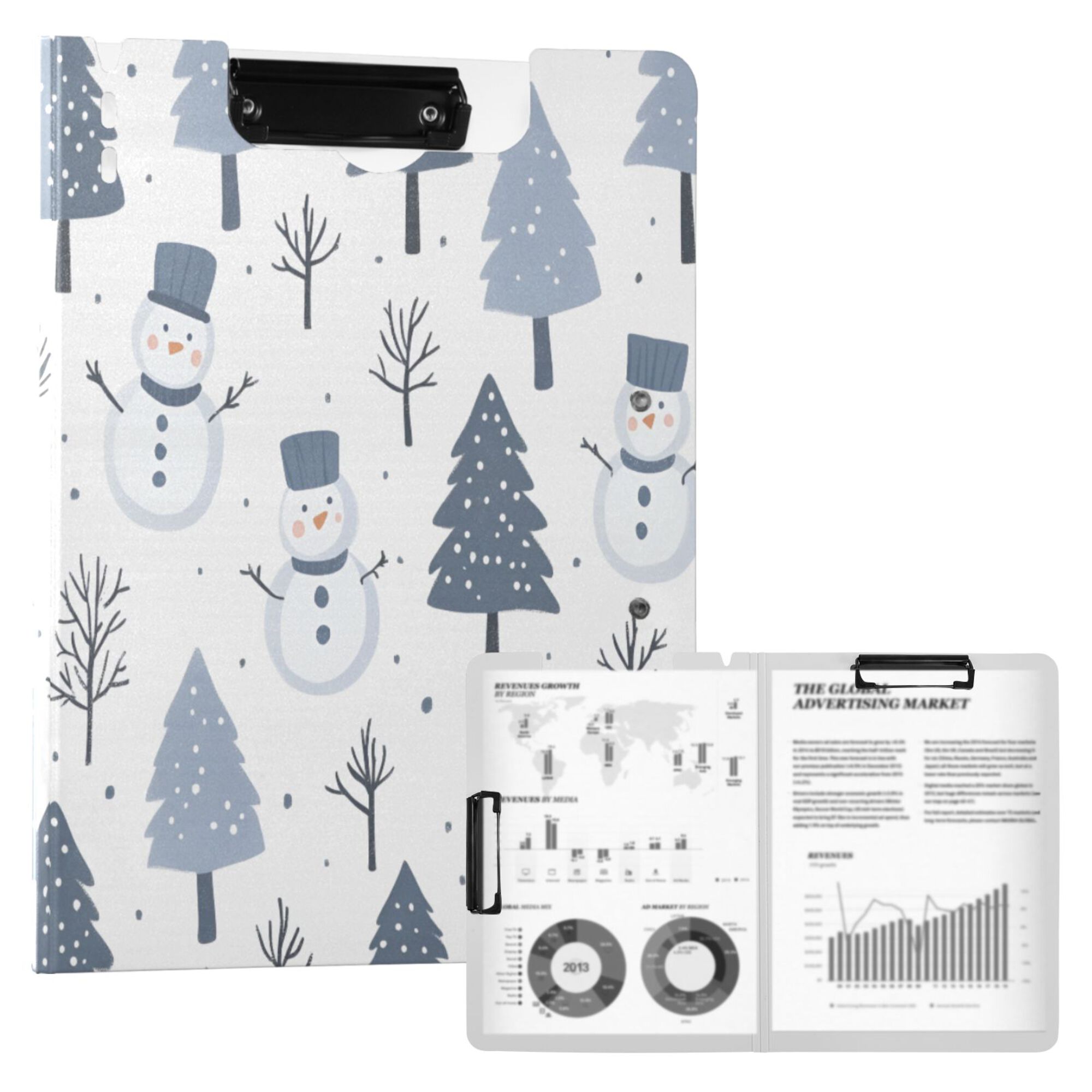 FORMRS A4 Clipboard Folder with Pen Holder Horizontal Foldable School Office Binder, Cute Snowmen