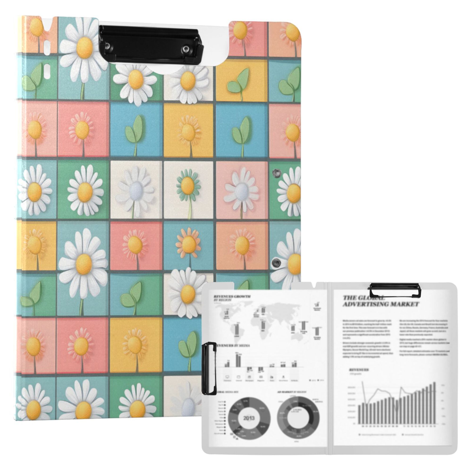 FORMRS A4 Clipboard Folder with Pen Holder Horizontal Foldable School Office Binder, Daisy Mosaic