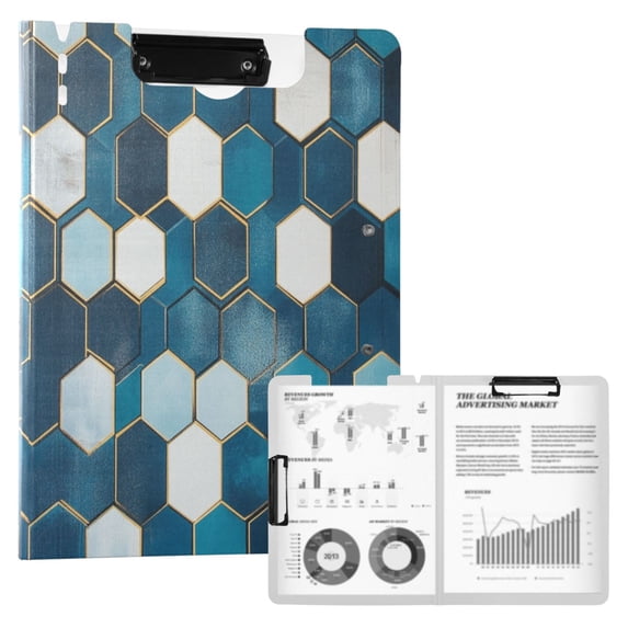 FORMRS A4 Clipboard Folder with Pen Holder Horizontal Foldable School Office Binder, Dark Blue Hexagon Patterns