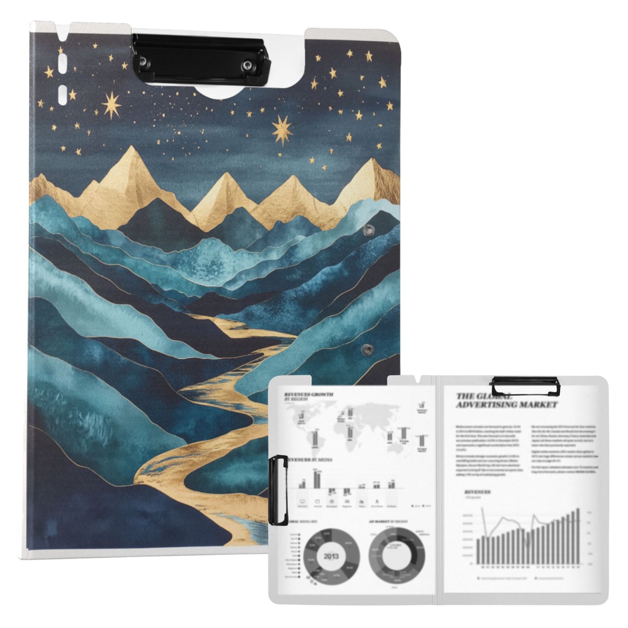 FORMRS A4 Clipboard Folder with Pen Holder Horizontal Foldable School Office Binder, Dark Mountains