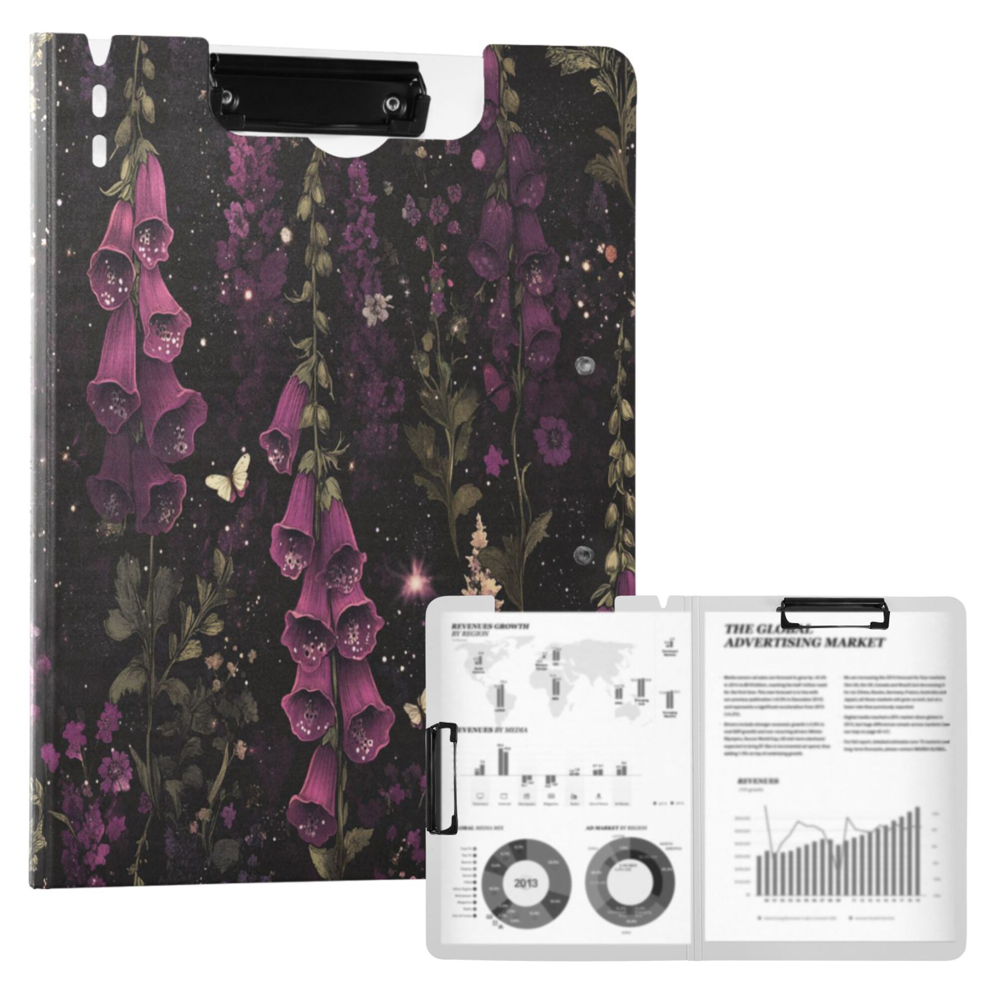 FORMRS A4 Clipboard Folder with Pen Holder Horizontal Foldable School Office Binder, Dark Purple Floral Pattern
