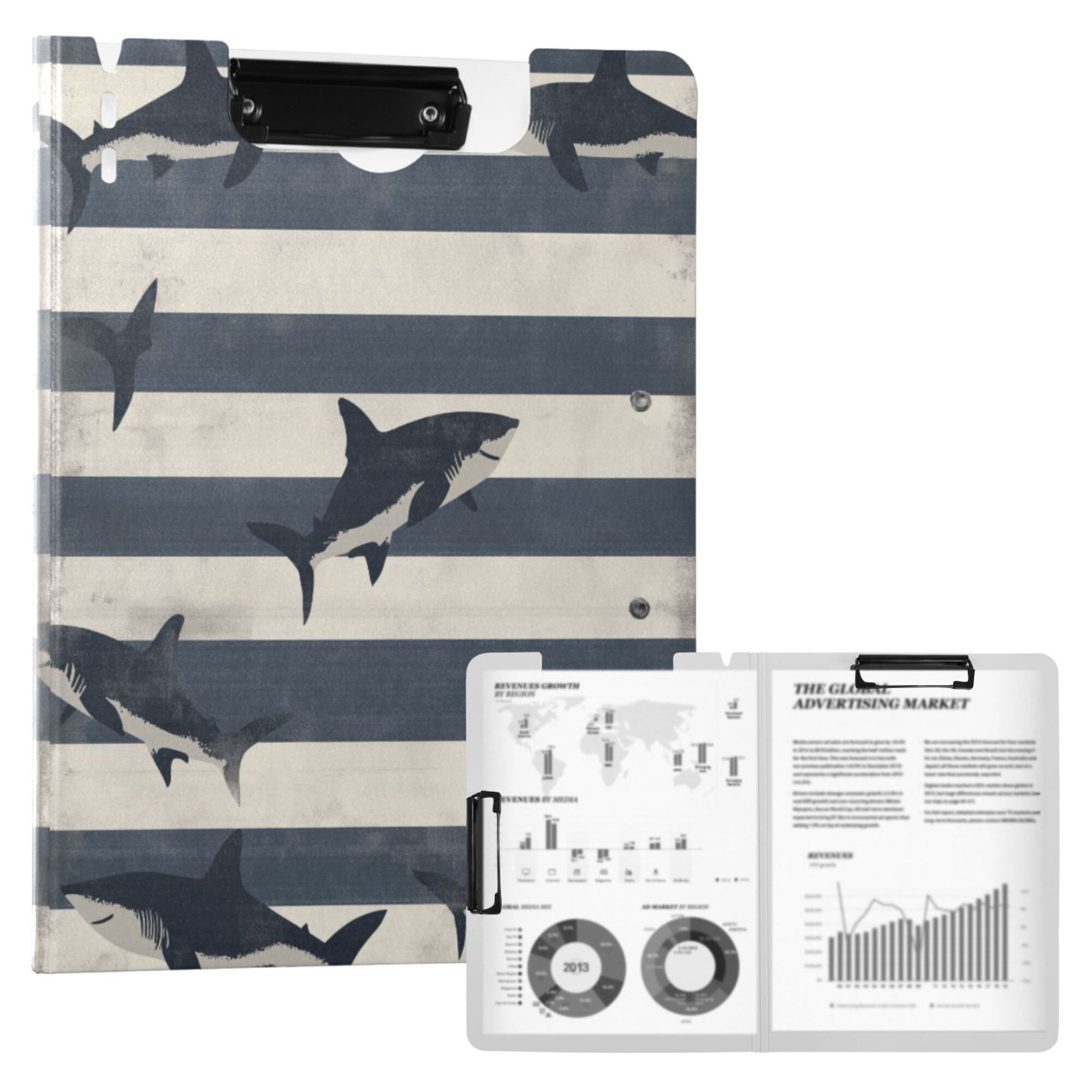 FORMRS A4 Clipboard Folder with Pen Holder Horizontal Foldable School Office Binder, Dark Sharks