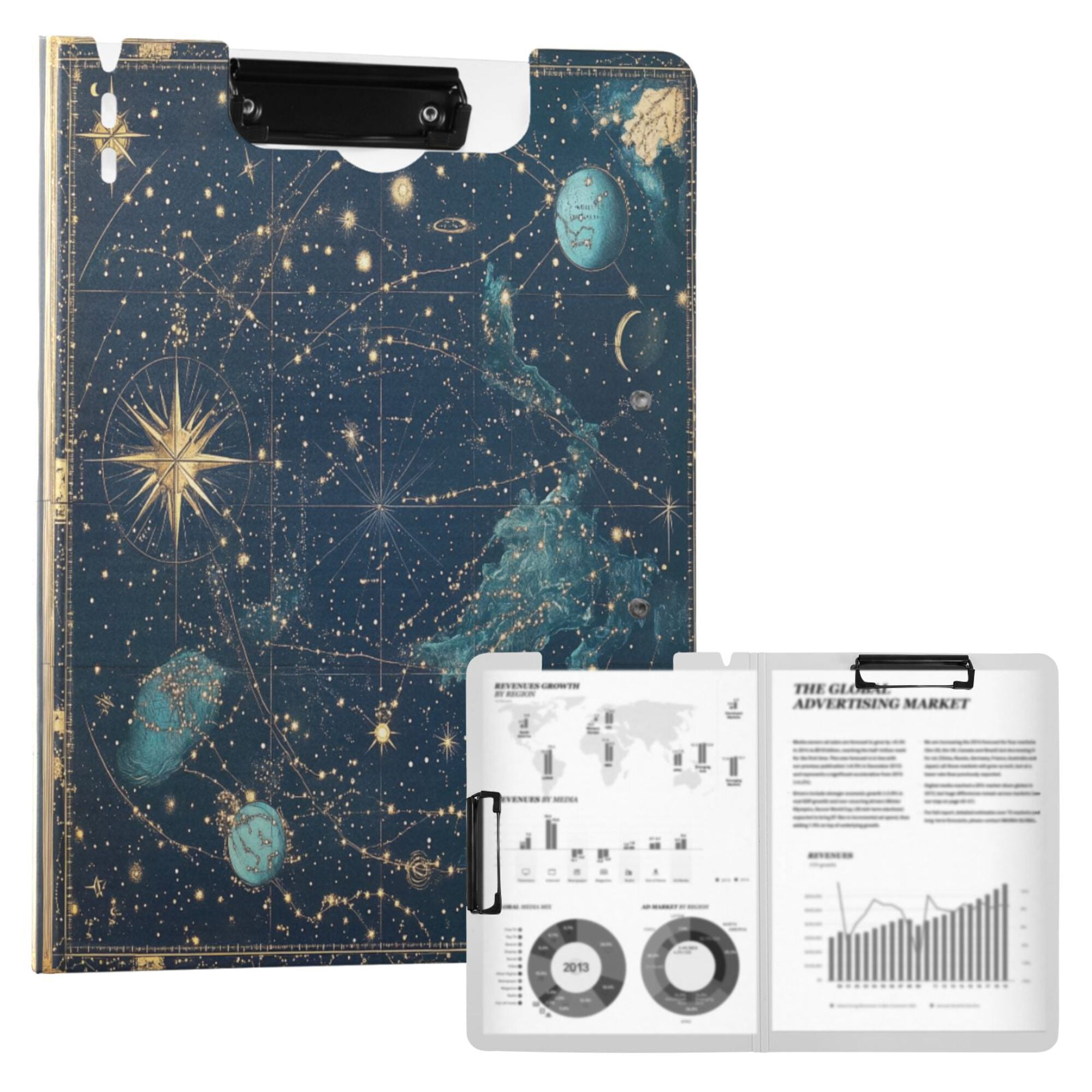 FORMRS A4 Clipboard Folder with Pen Holder Horizontal Foldable School Office Binder, Dark Star Map