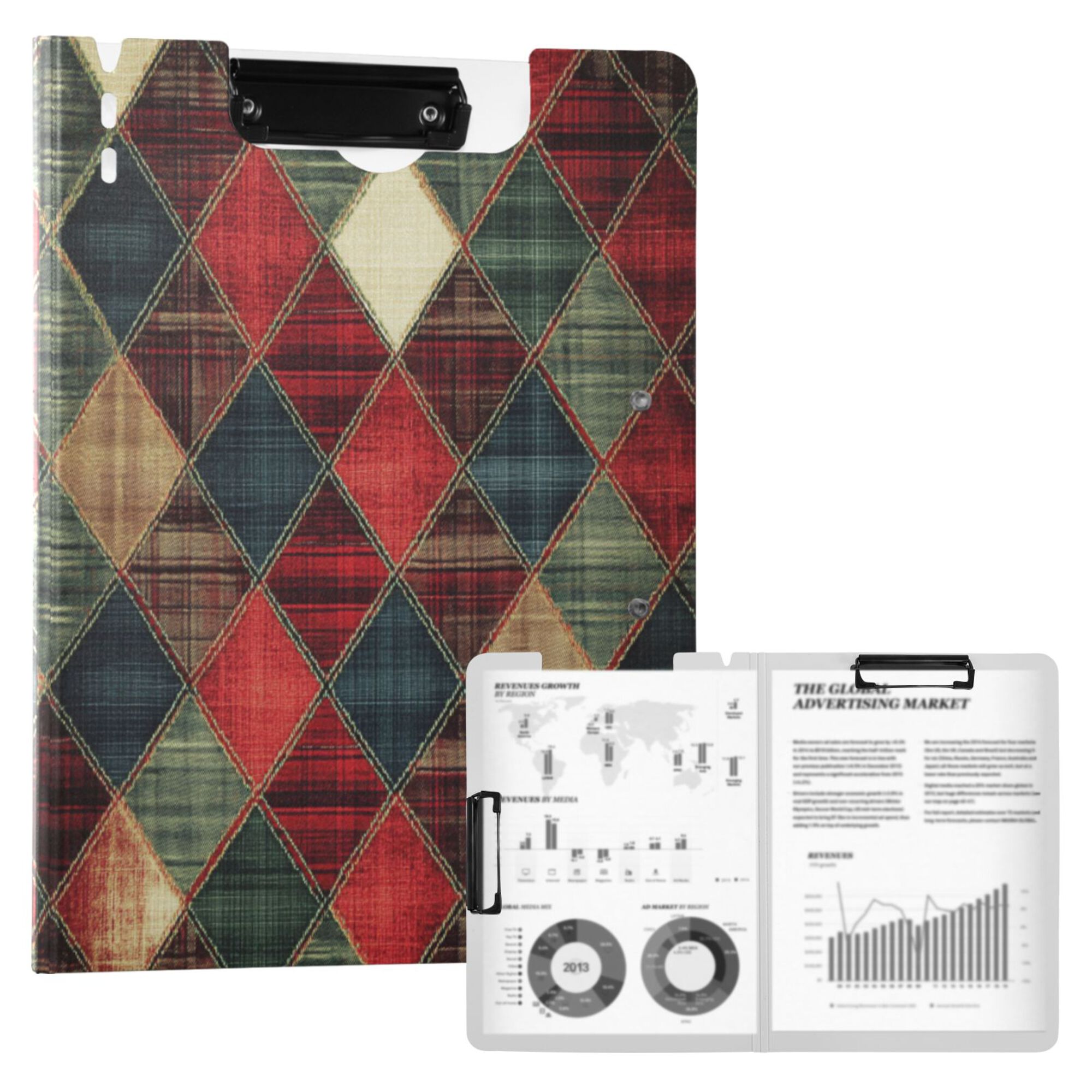 FORMRS A4 Clipboard Folder with Pen Holder Horizontal Foldable School Office Binder, Dark Tartan Pattern