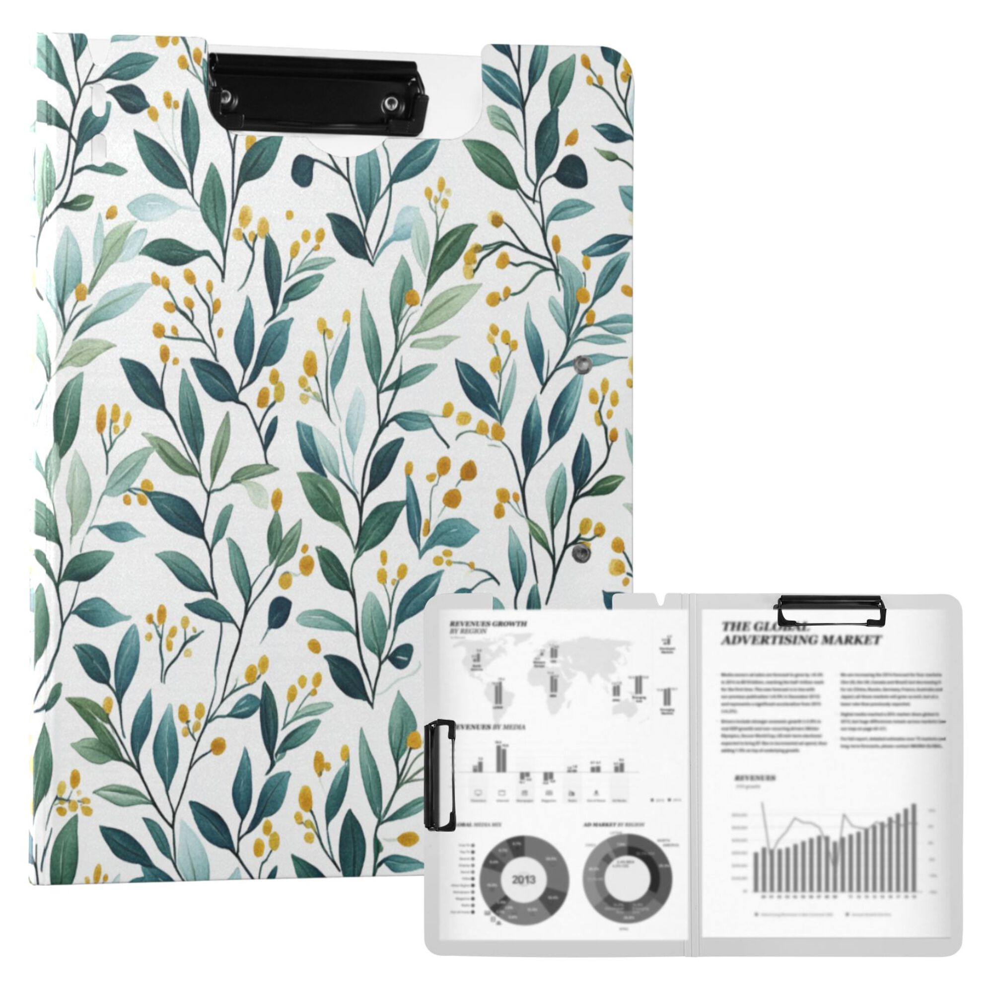 FORMRS A4 Clipboard Folder with Pen Holder Horizontal Foldable School Office Binder, Darker Leafy Pattern