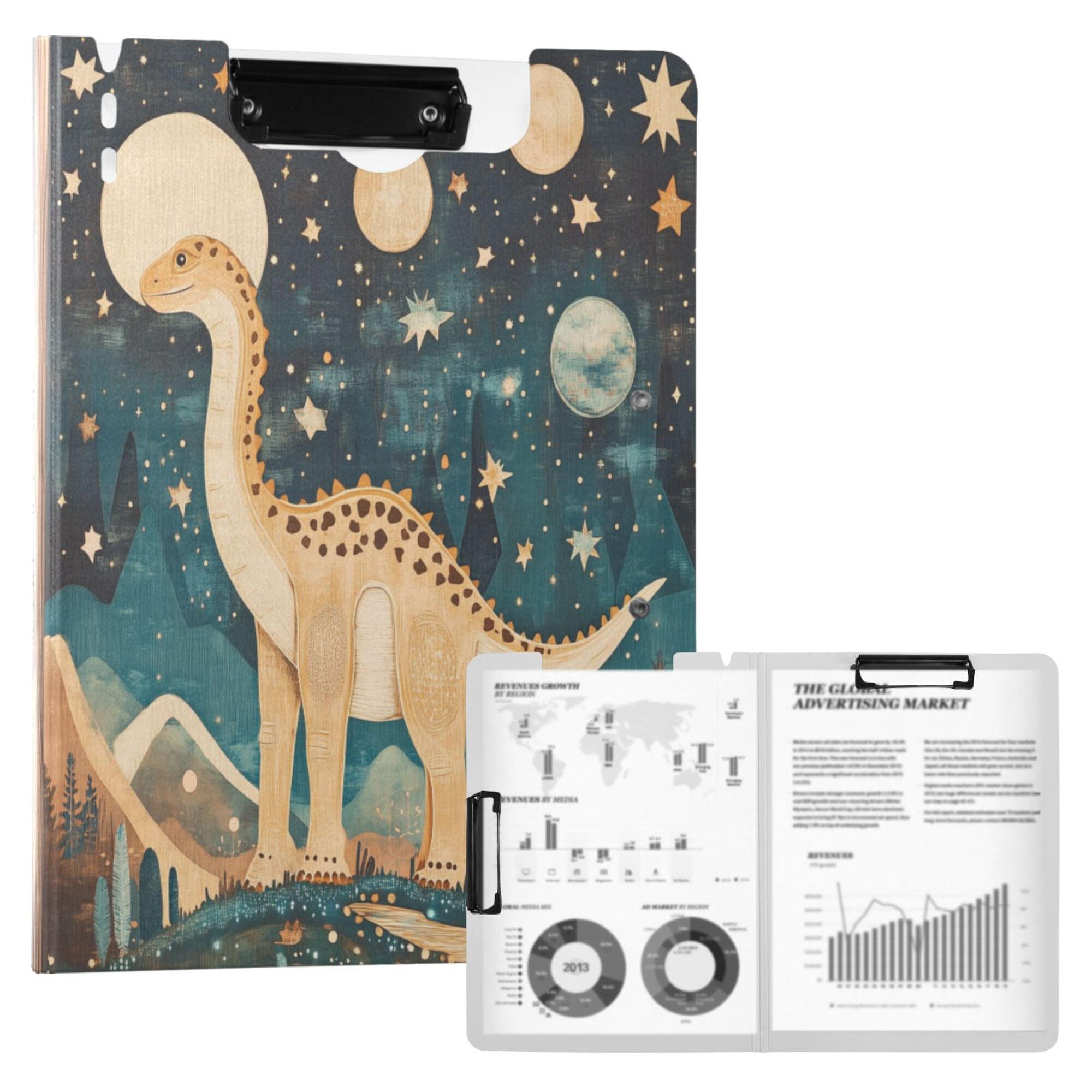 FORMRS A4 Clipboard Folder with Pen Holder Horizontal Foldable School Office Binder, Dinosaur at Night