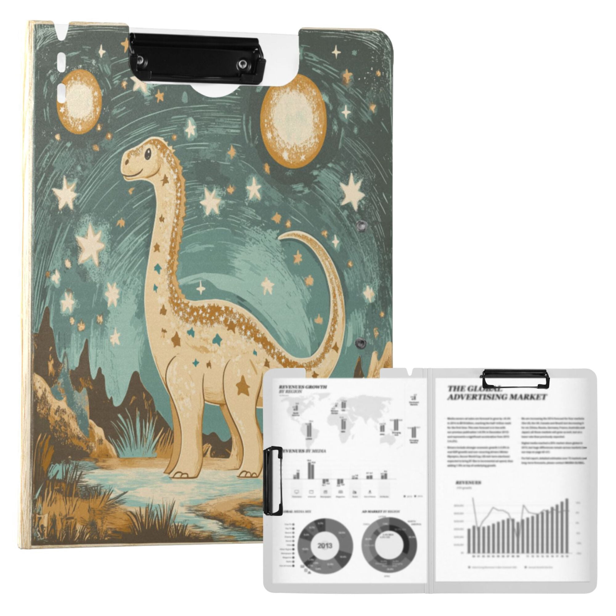 FORMRS A4 Clipboard Folder with Pen Holder Horizontal Foldable School Office Binder, Dinosaur with Stars