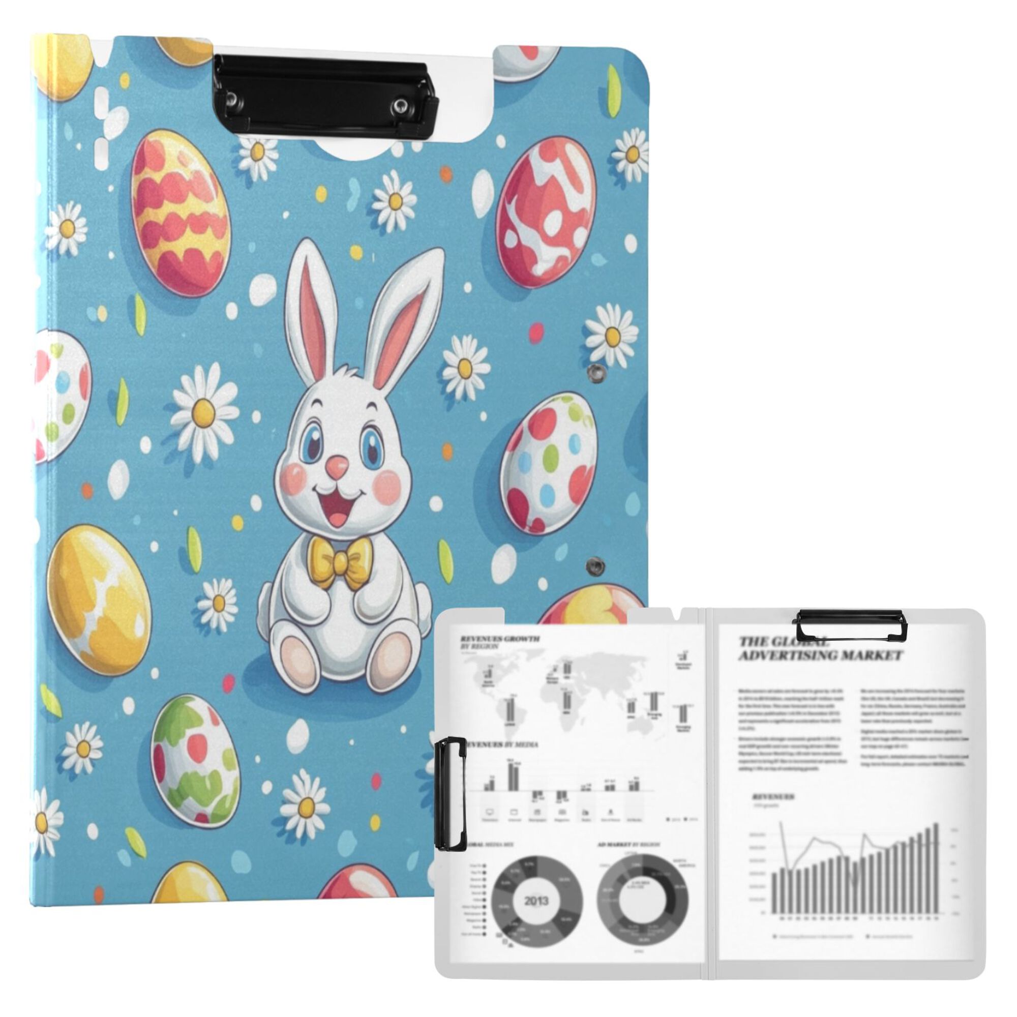 FORMRS A4 Clipboard Folder with Pen Holder Horizontal Foldable School Office Binder, Easter Bunny Pattern